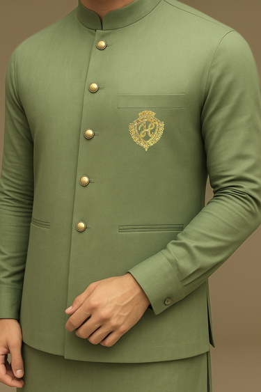 MINT GREEN WAISTCOAT WITH KURTA/PAJAMA - COTTON SILK Waist Coats Humayunalamgir