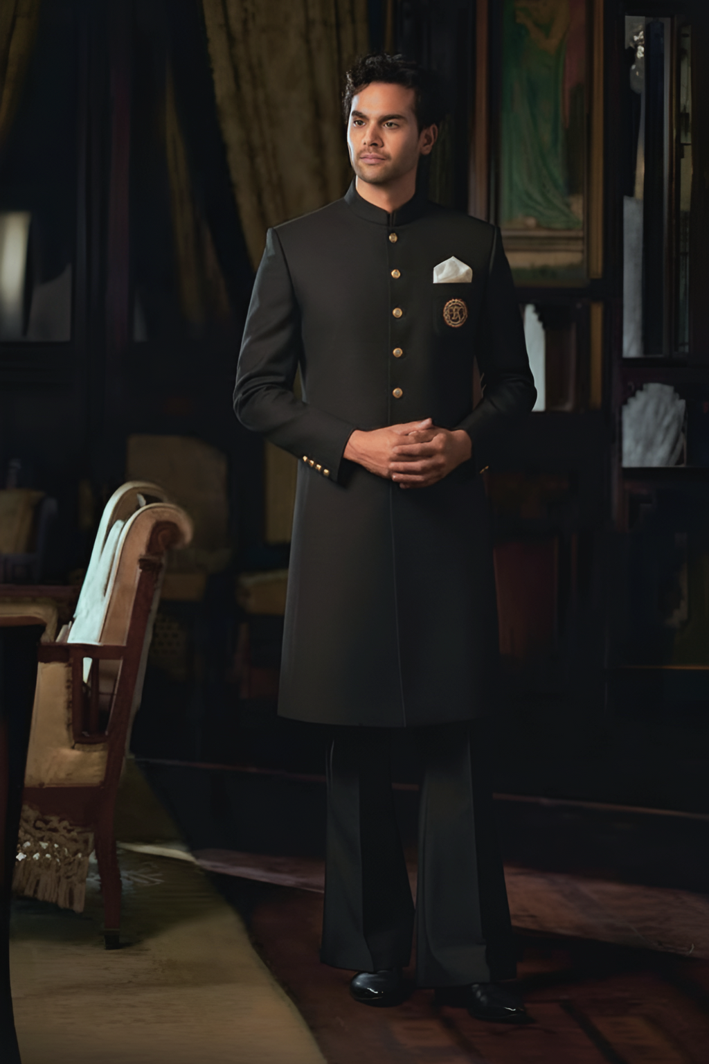Black Sherwani with Golden Motif sherwani Humayun Alamgir