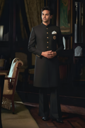Black Sherwani with Golden Motif sherwani Humayun Alamgir