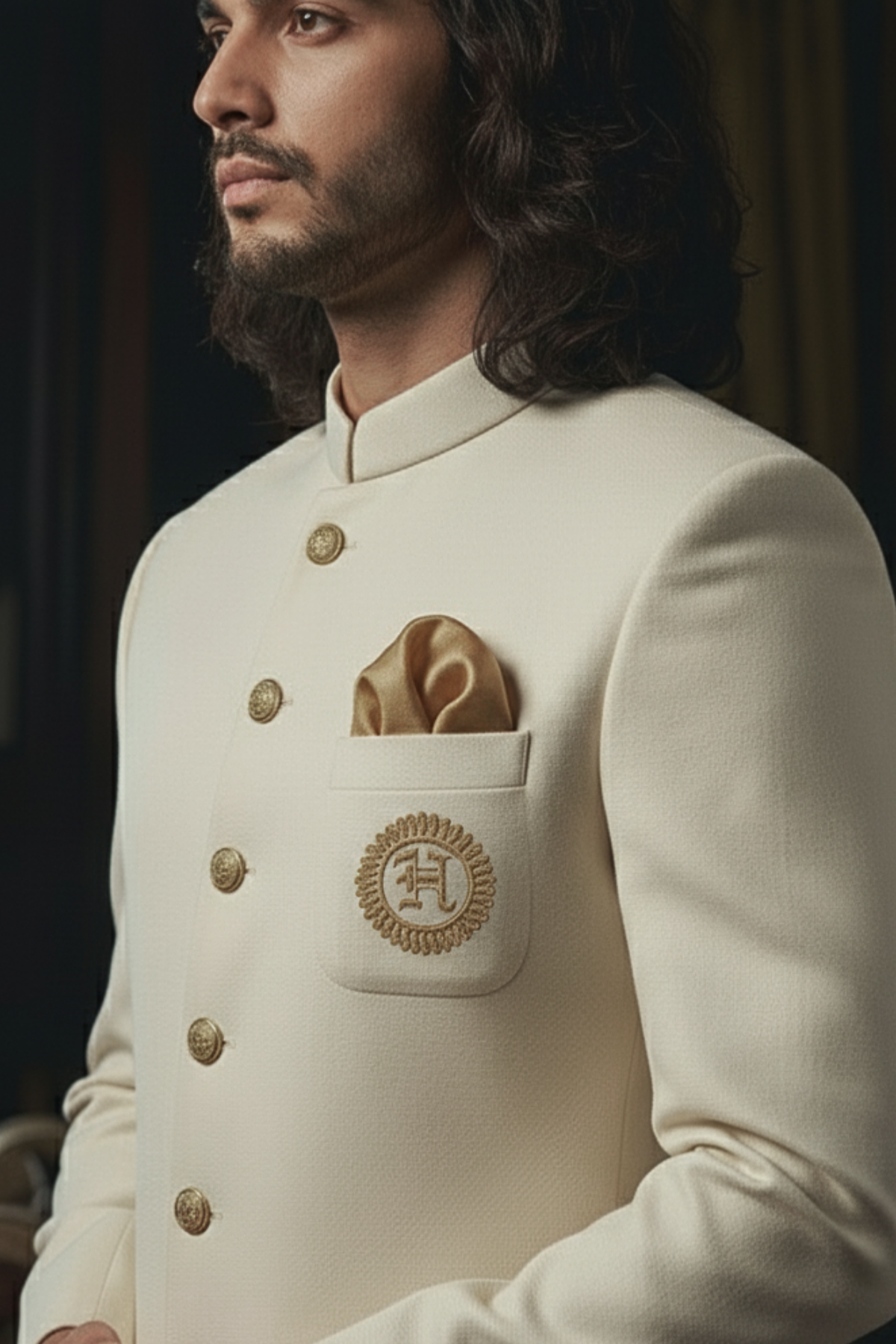 Off-White Sherwani with Golden Motif sherwani Humayun Alamgir
