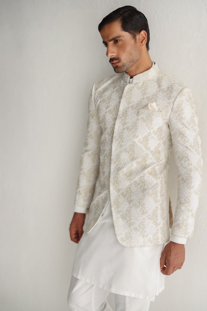 White Golden Embossed Prince Coat Humayunalamgir