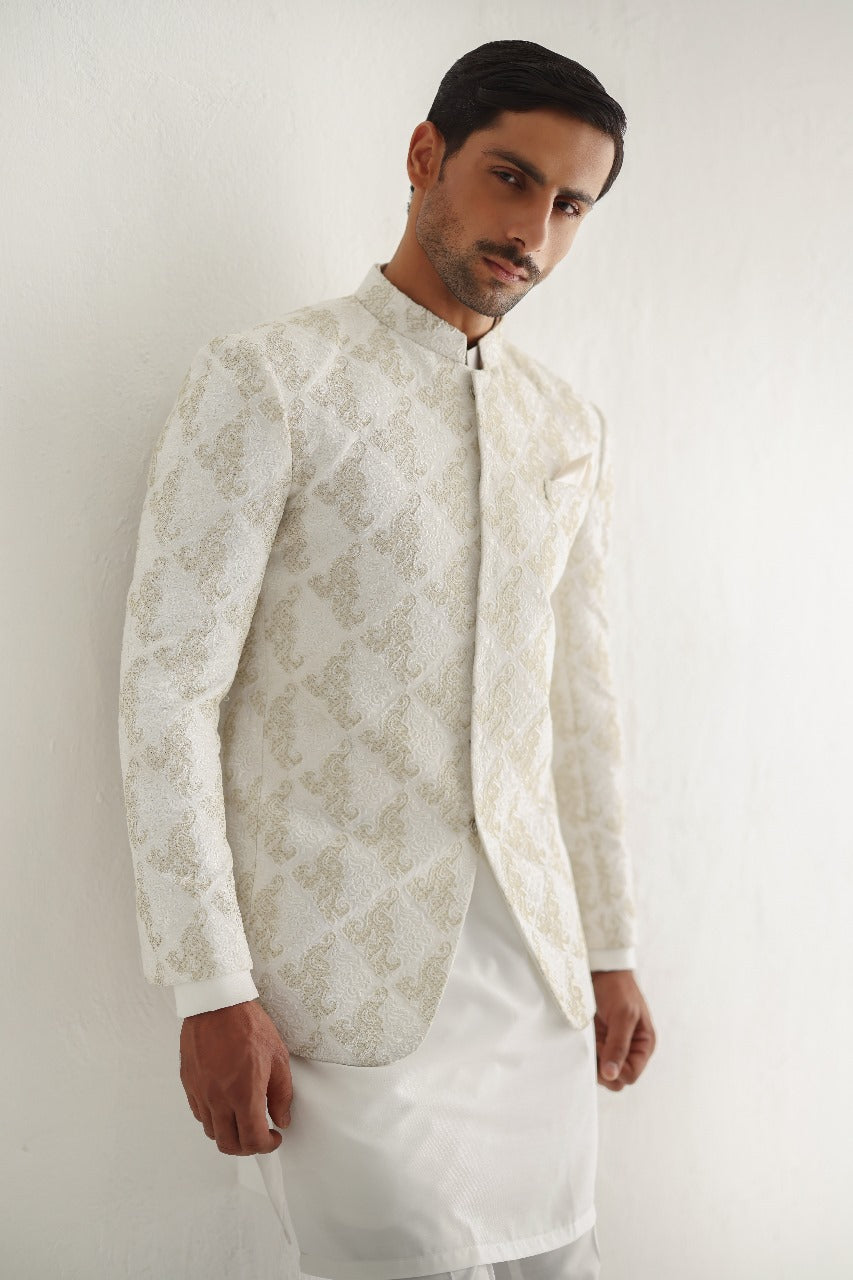 White Golden Embossed Prince Coat Humayunalamgir