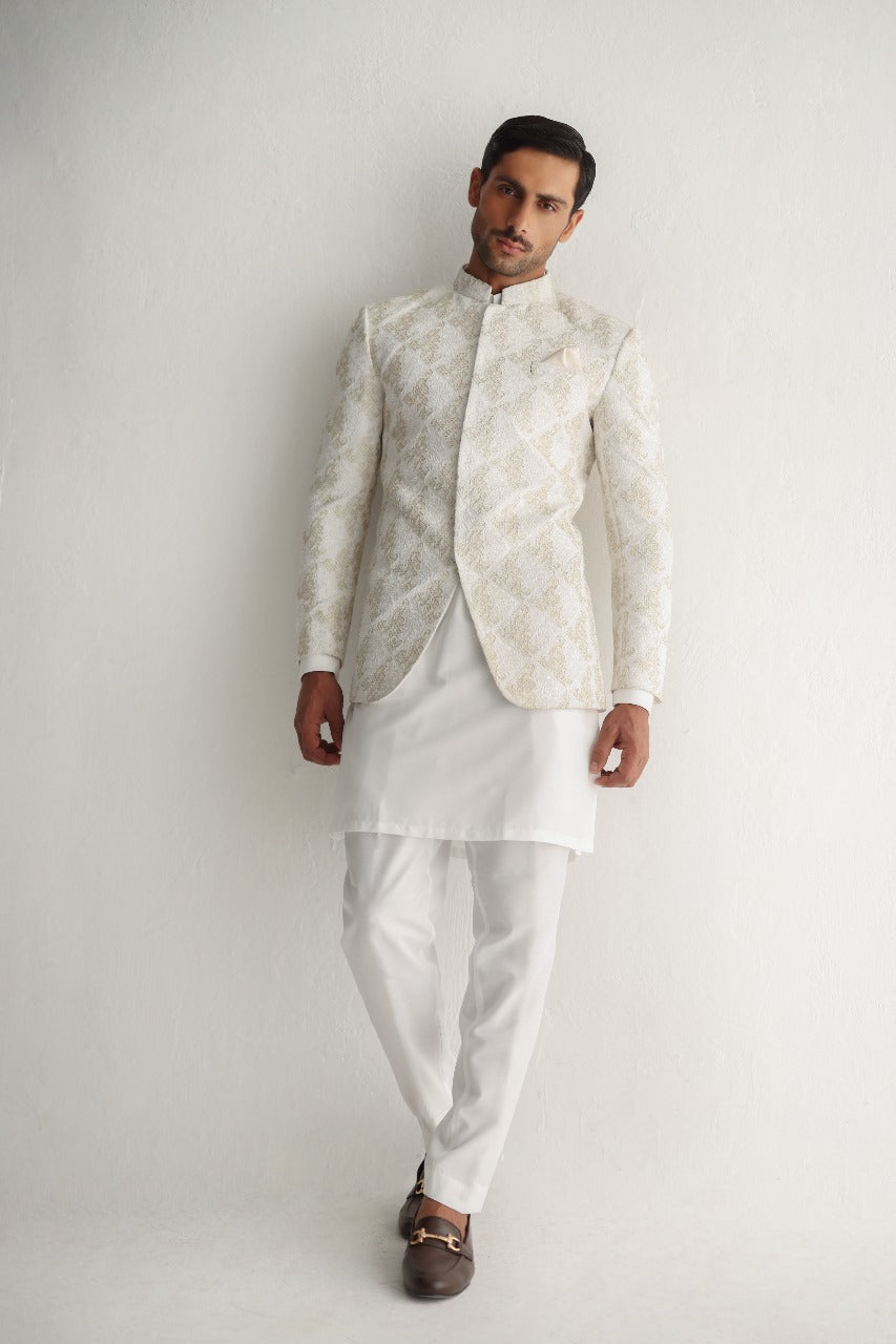 White Golden Embossed Prince Coat Humayunalamgir