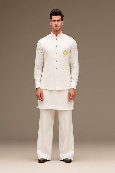 WHITE COTTON SILK WAISTCOAT WITH KURTA/PAJAMA Waist Coats Humayun Alamgir