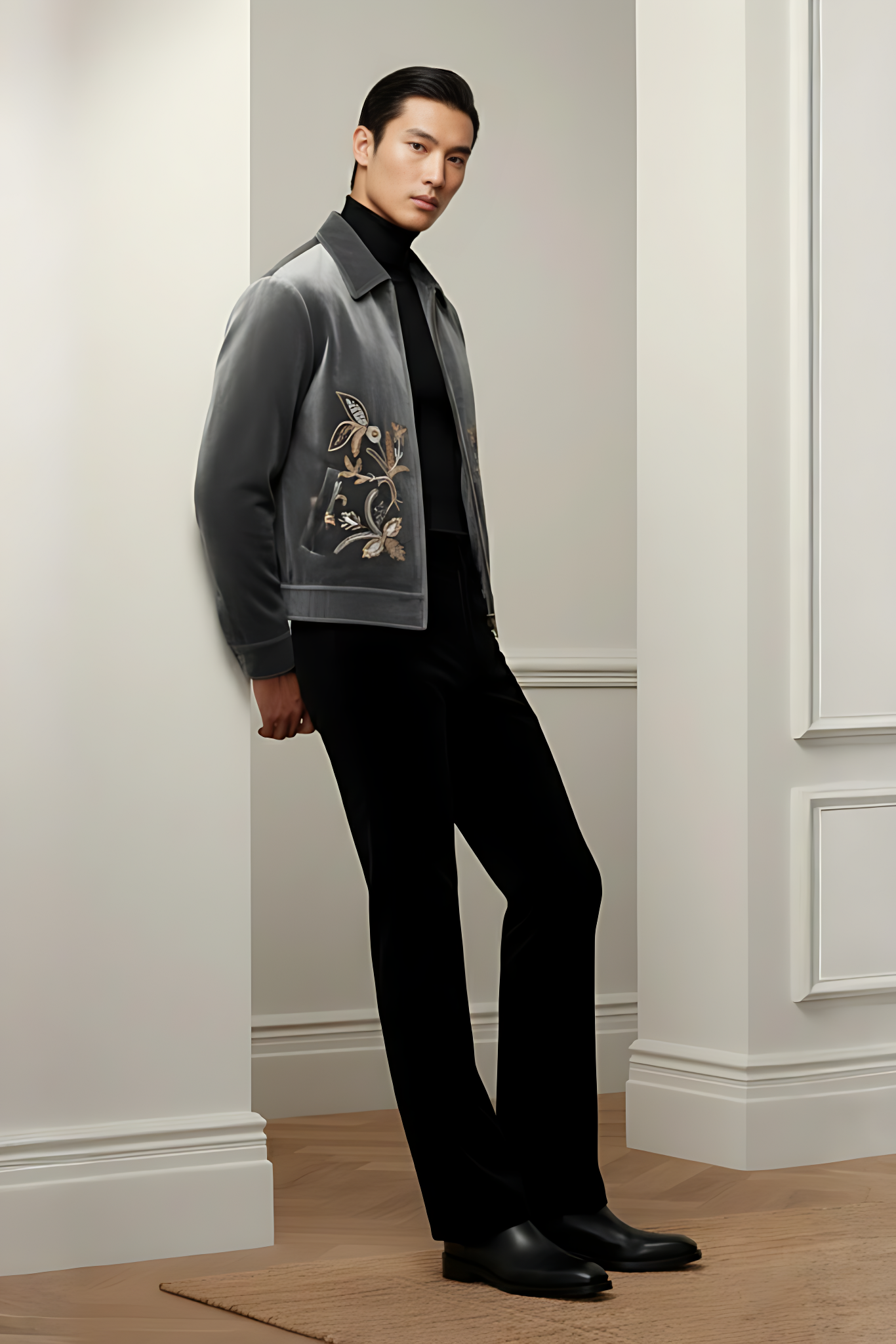 Embroidered Silver Gray Velvet Zipper Jacket Winter Jackets Humayun Alamgir