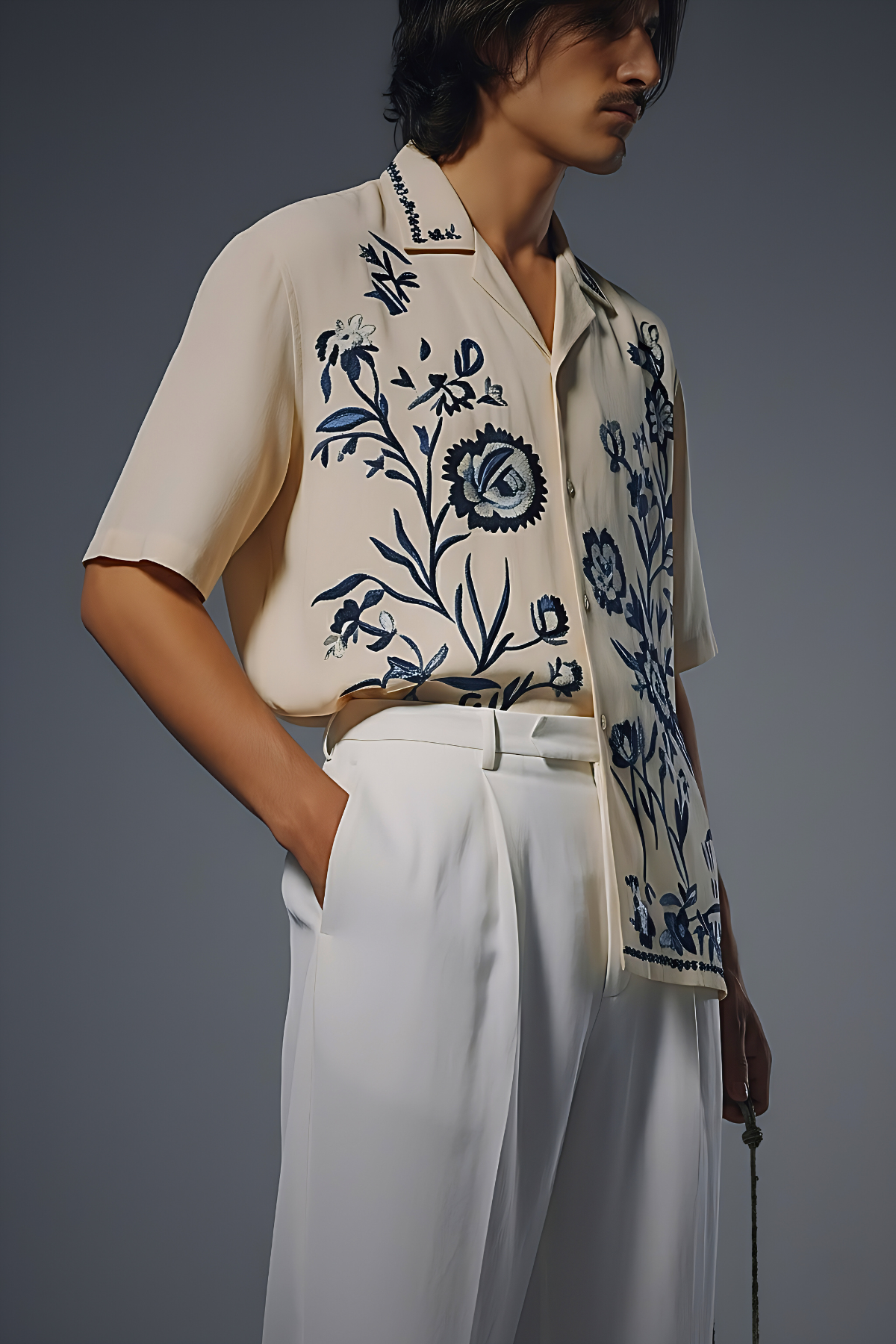 Cream Floral Embroidered Shirt Humayunalamgir