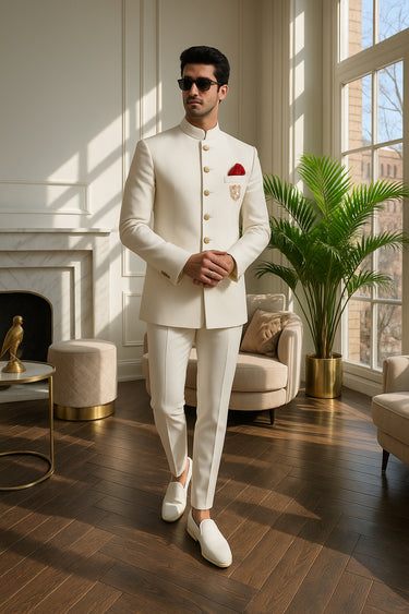 WHITE PRINCE SUIT WITH GOLDEN MOTIVE prince suits Humayun Alamgir