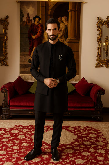 BLACK FRONT OPEN WAISTCOAT WITH GOLDEN MOTIVE Waist Coats Humayun Alamgir