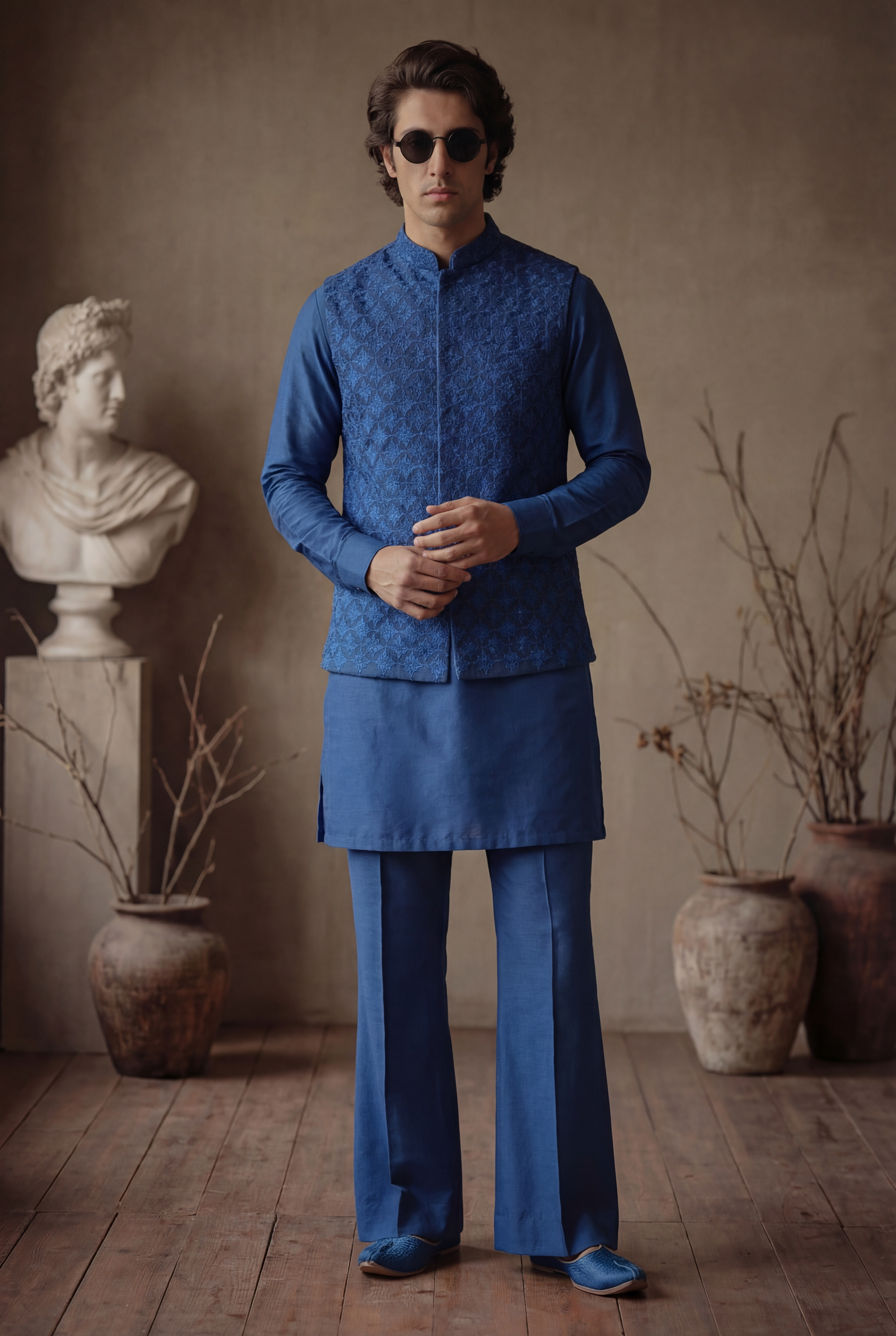 ROYAL BLUE SLEF EMBOSSED WAISTCOAT Clothing Humayunalamgir
