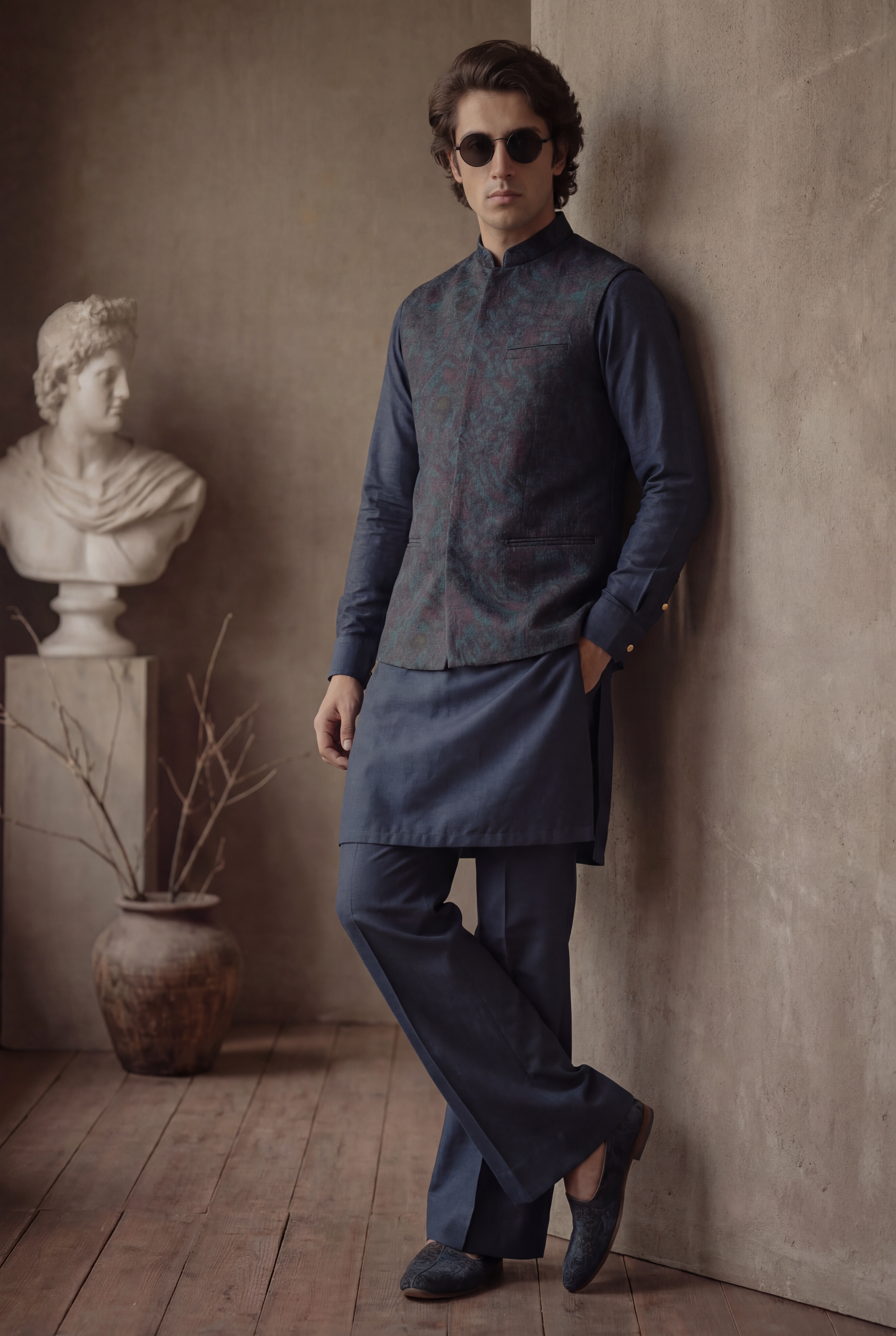 NAVY BLUE EMBOSSED WAISTCOAT Clothing Humayunalamgir