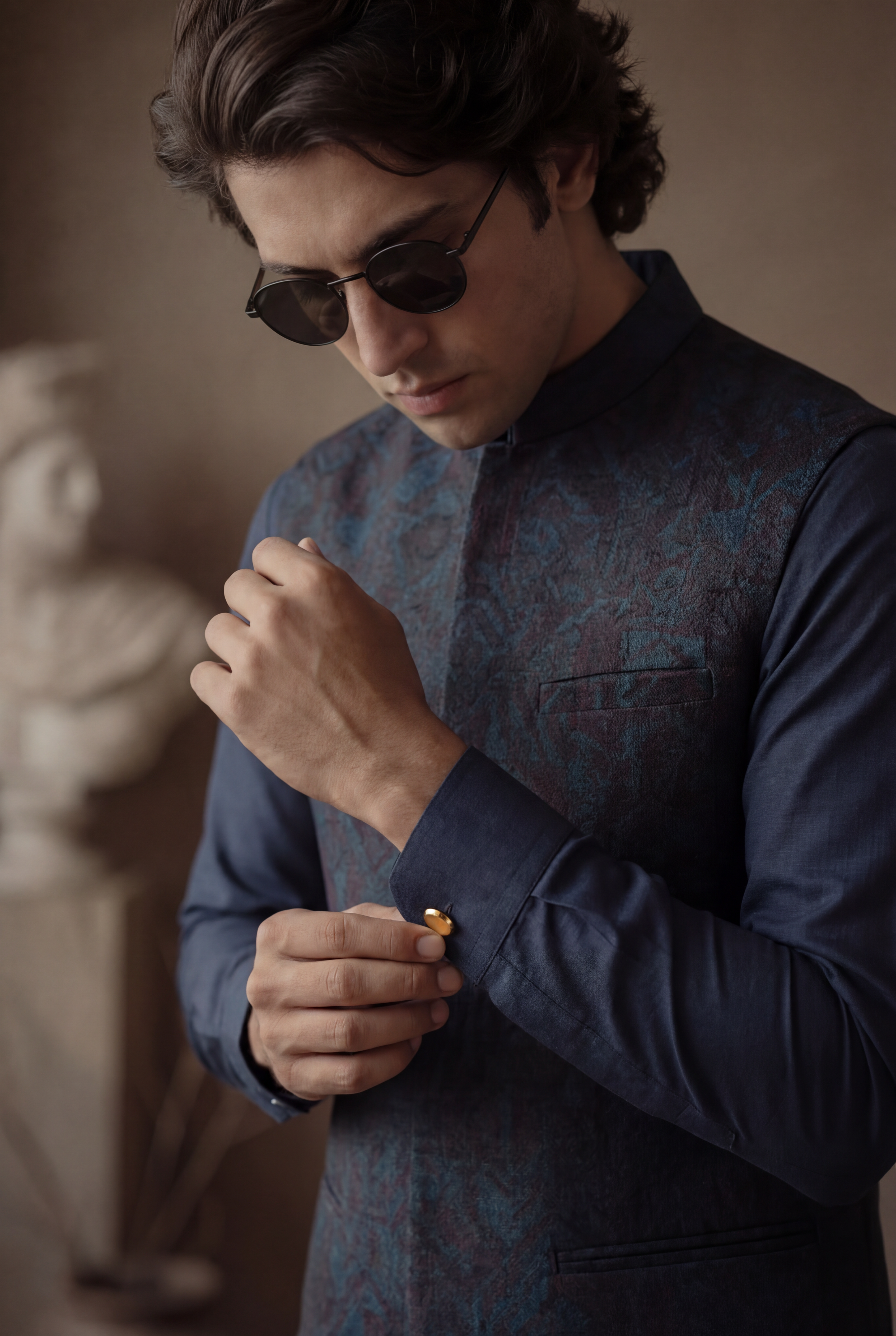 NAVY BLUE EMBOSSED WAISTCOAT Clothing Humayunalamgir