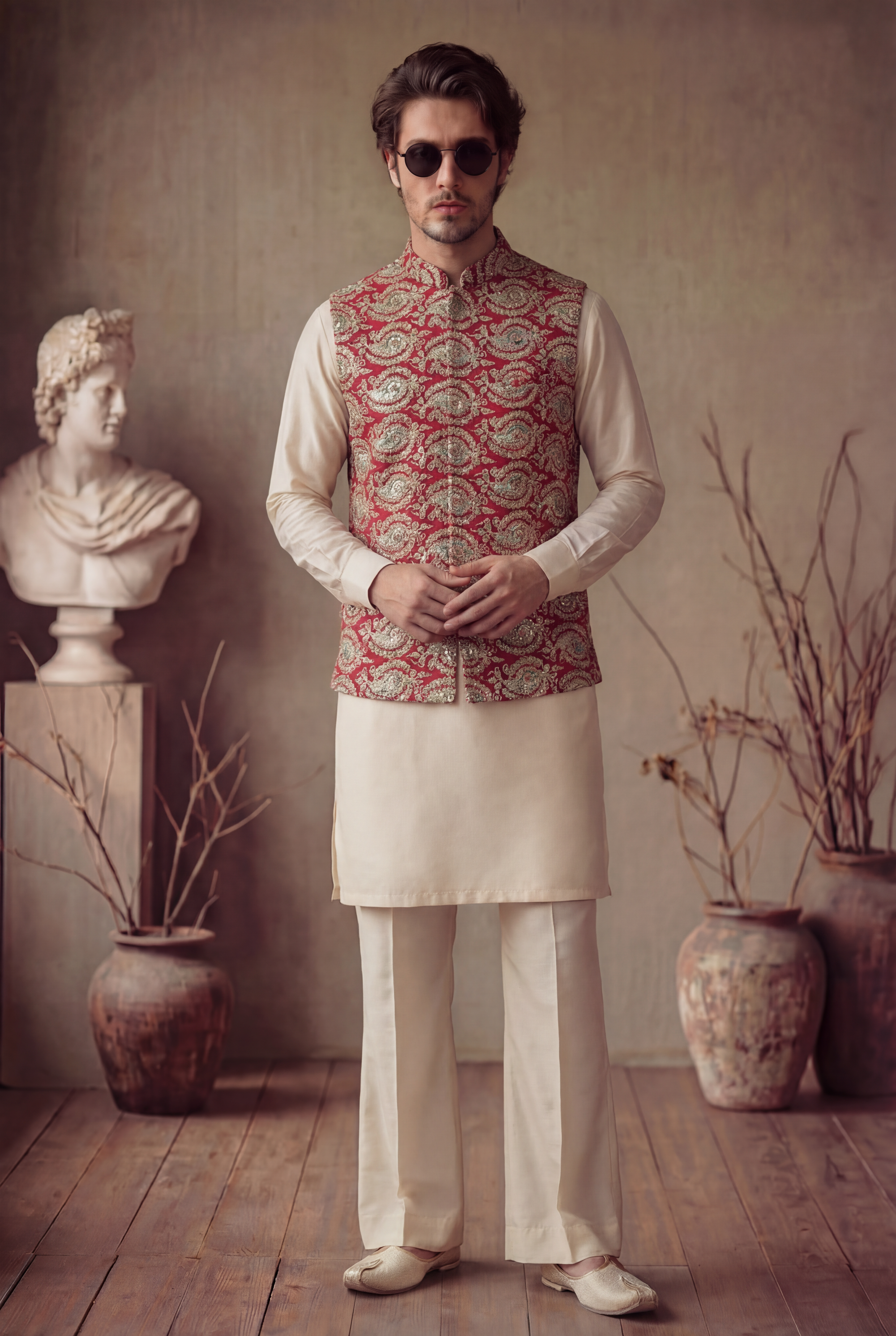 GOLD AND MAROON EMBOSSED WAISTCOAT Clothing Humayunalamgir