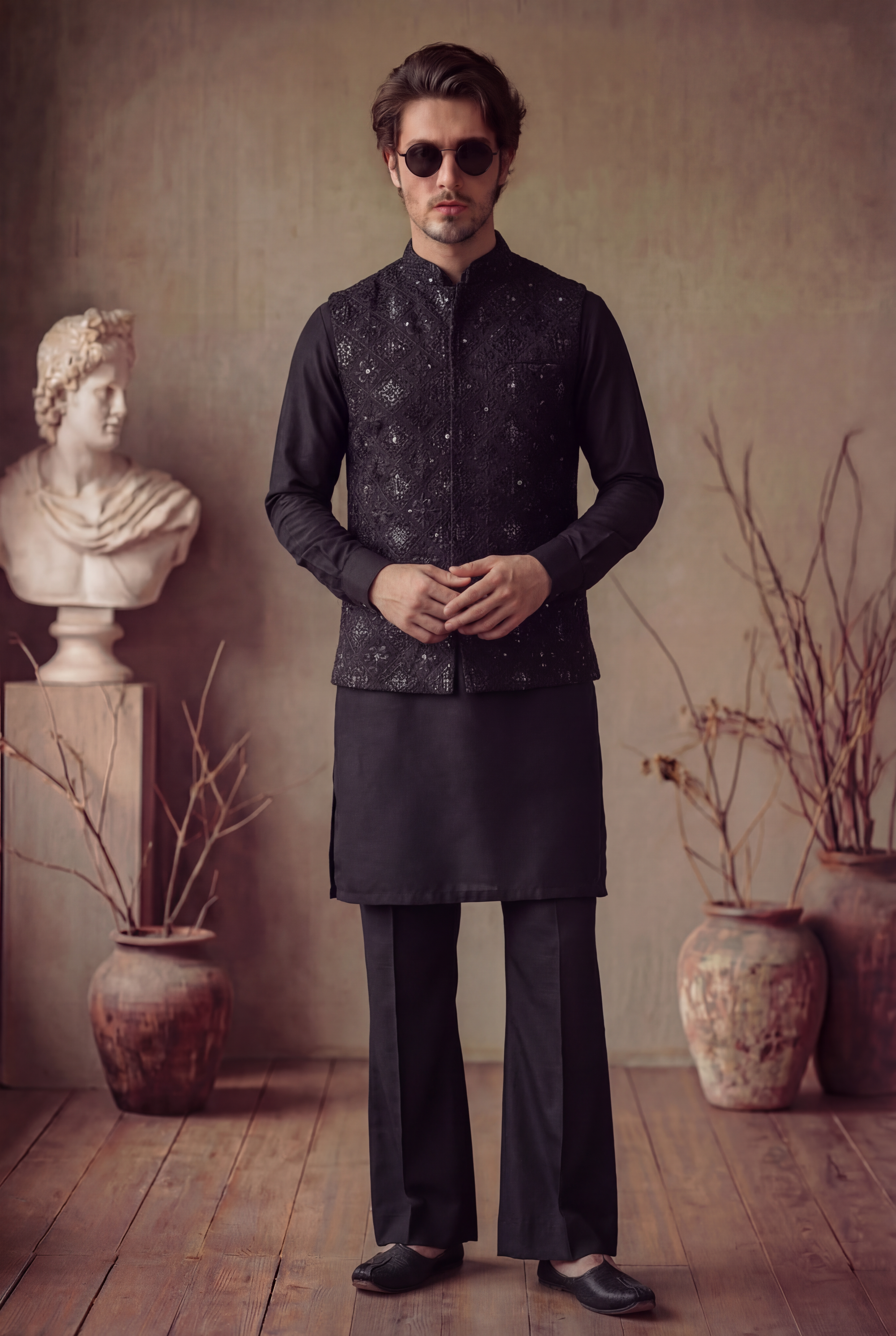 BLACK EMBOSSED WAISTCOAT Clothing Humayunalamgir