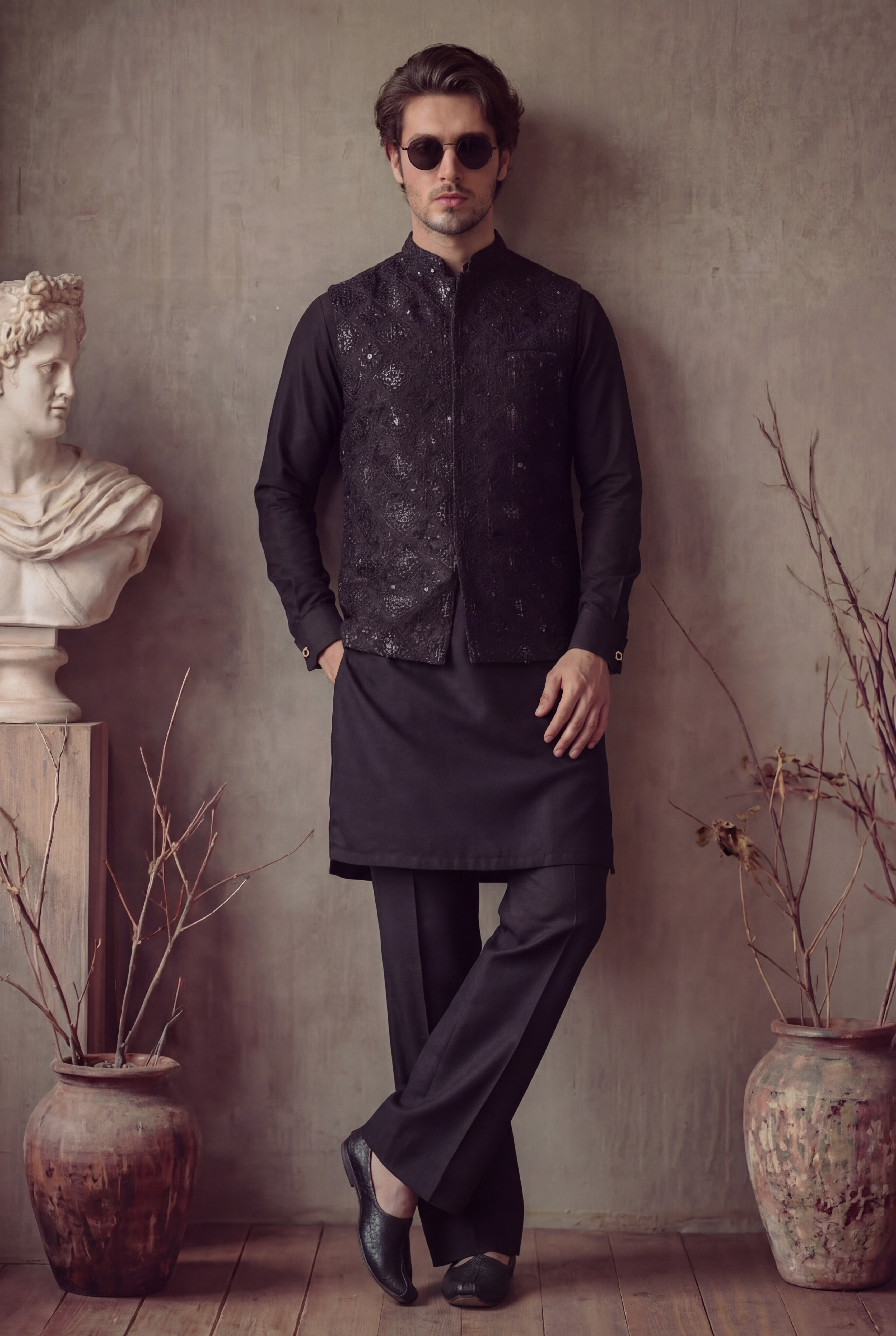 BLACK EMBOSSED WAISTCOAT Clothing Humayunalamgir