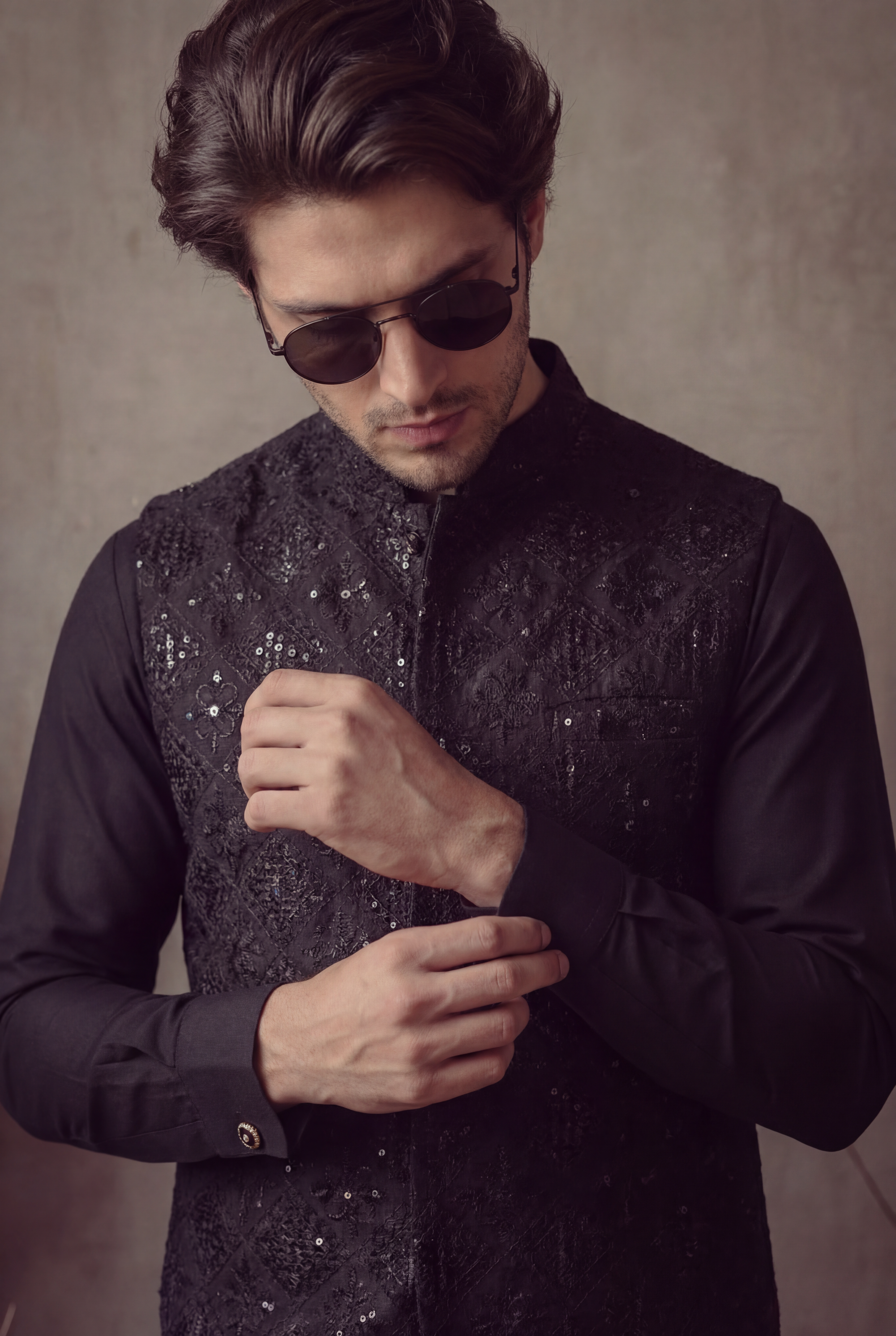 BLACK EMBOSSED WAISTCOAT Clothing Humayunalamgir