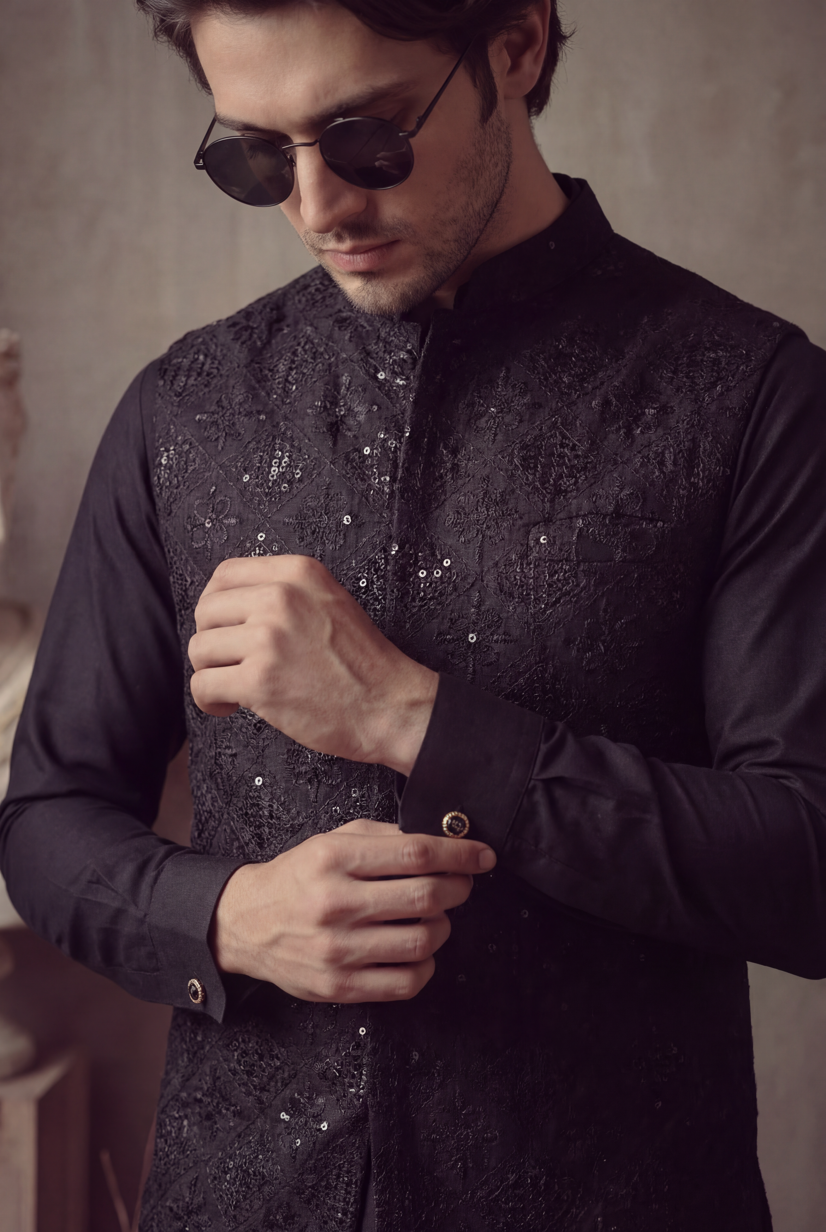 BLACK EMBOSSED WAISTCOAT Clothing Humayunalamgir