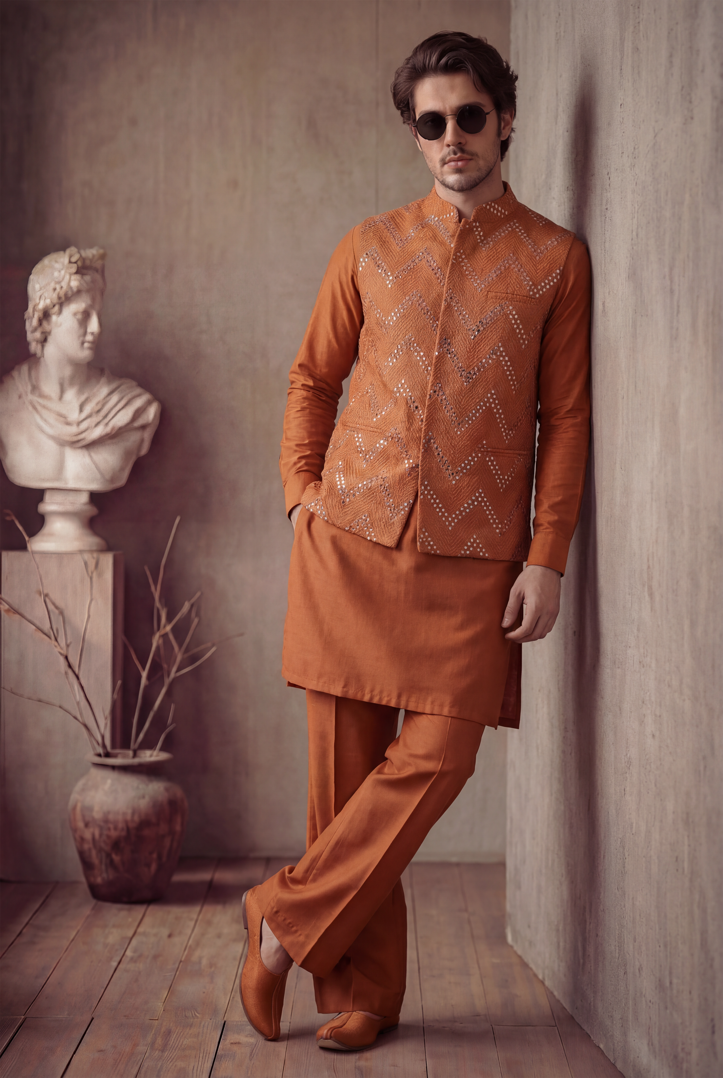RUST MIRROR EMBOSSED WAISTCOAT Clothing Humayunalamgir