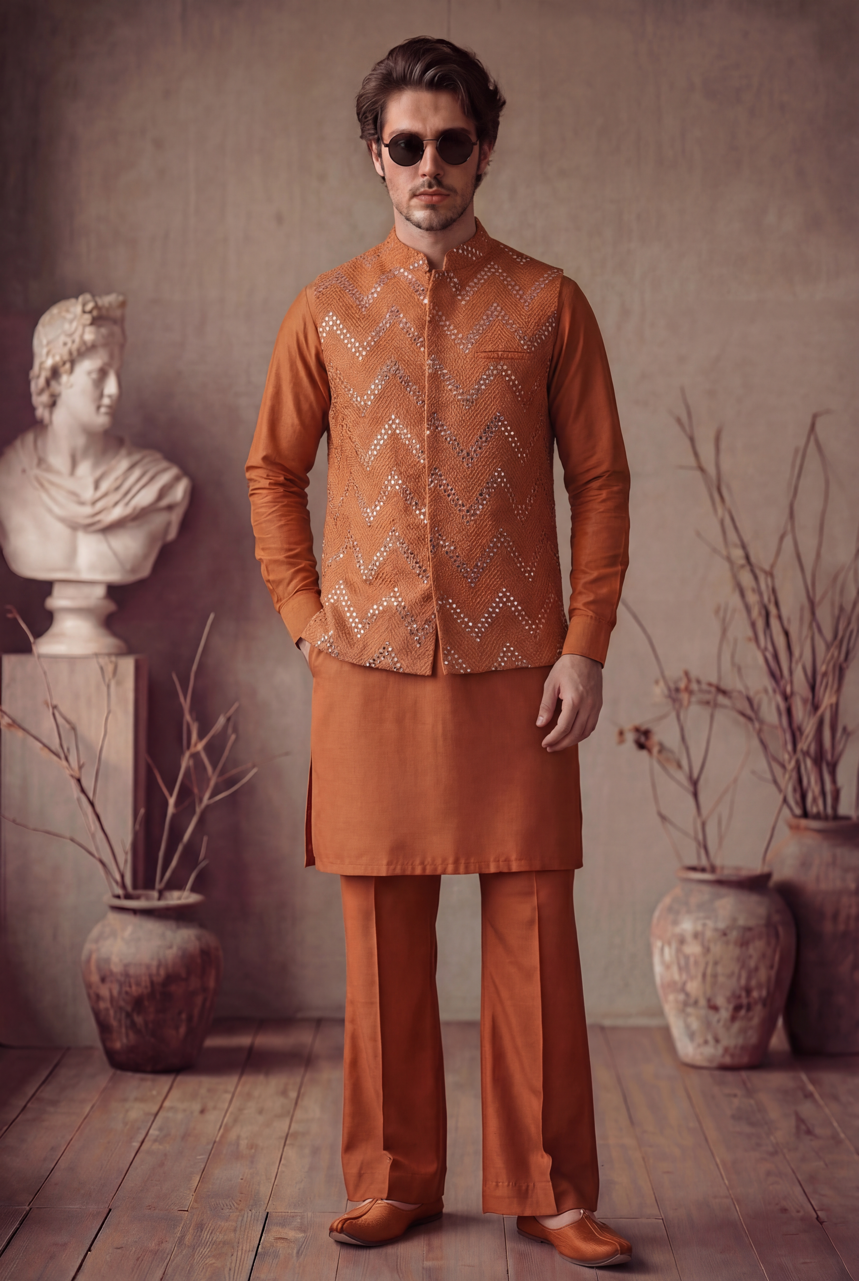 RUST MIRROR EMBOSSED WAISTCOAT Clothing Humayunalamgir