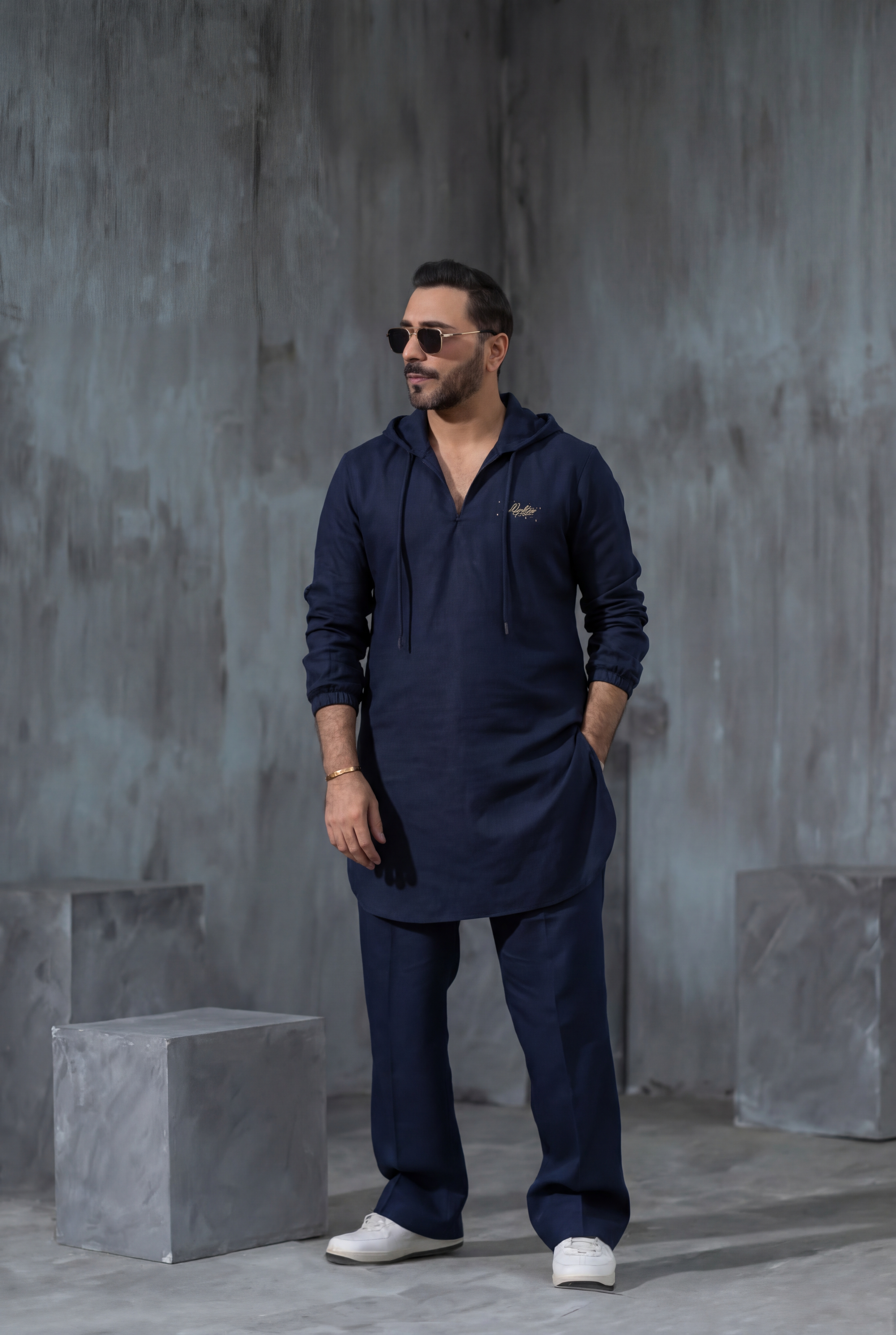 BLUE LINEN HOODED KURTA PAJAMA Clothing Humayunalamgir