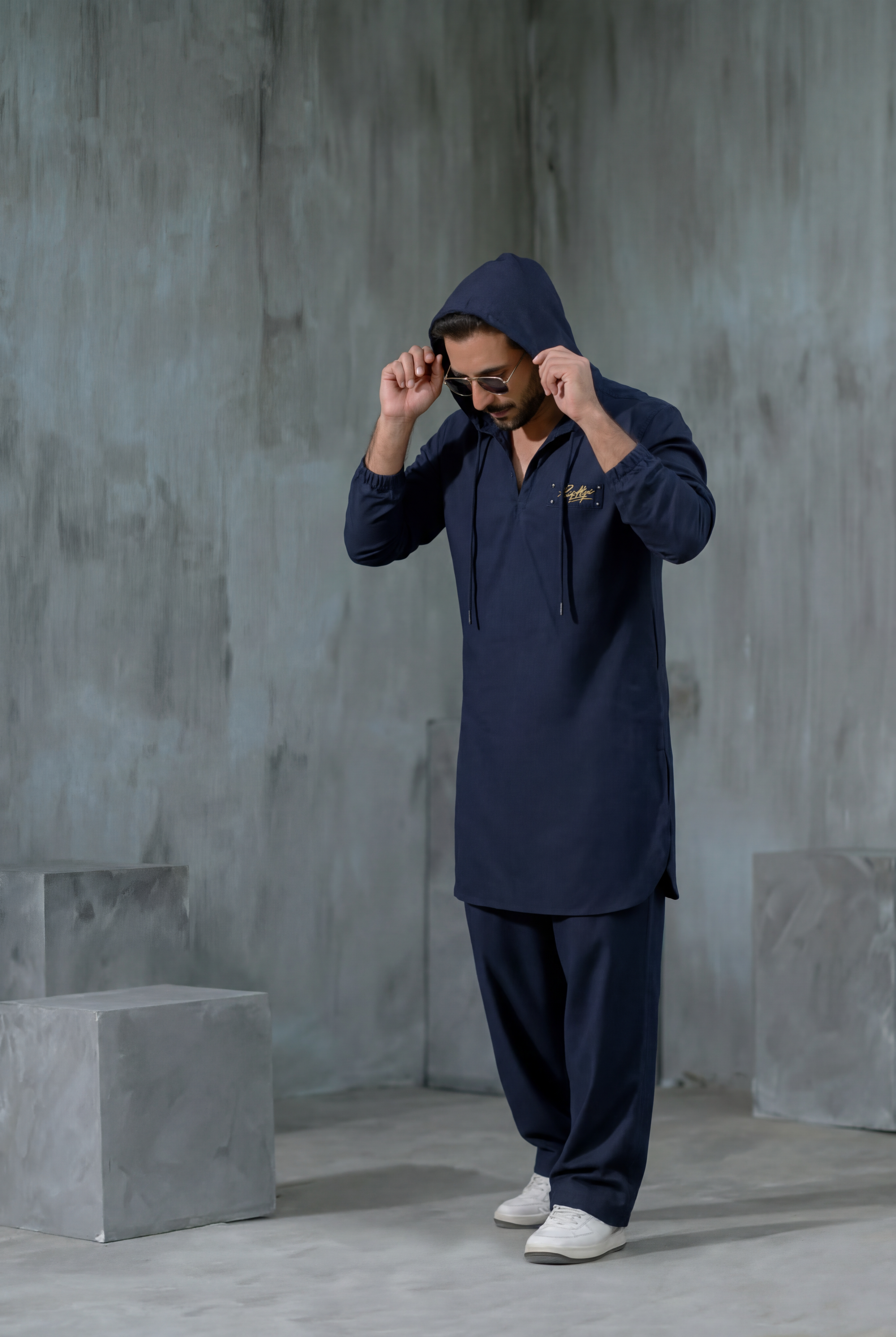 BLUE LINEN HOODED KURTA PAJAMA Clothing Humayunalamgir