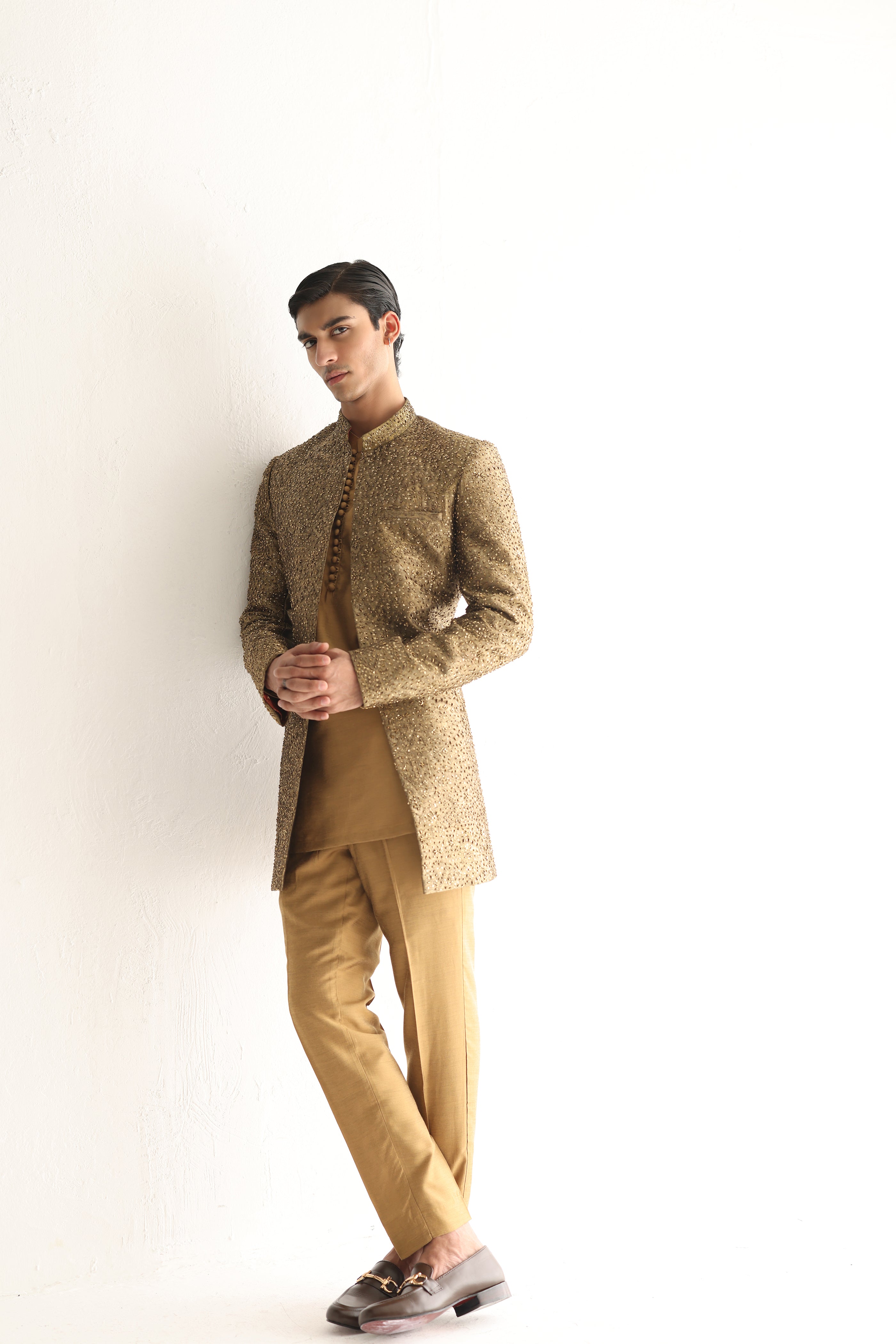 GOLDEN SELF EMBOSSED SHERWANI Humayunalamgir