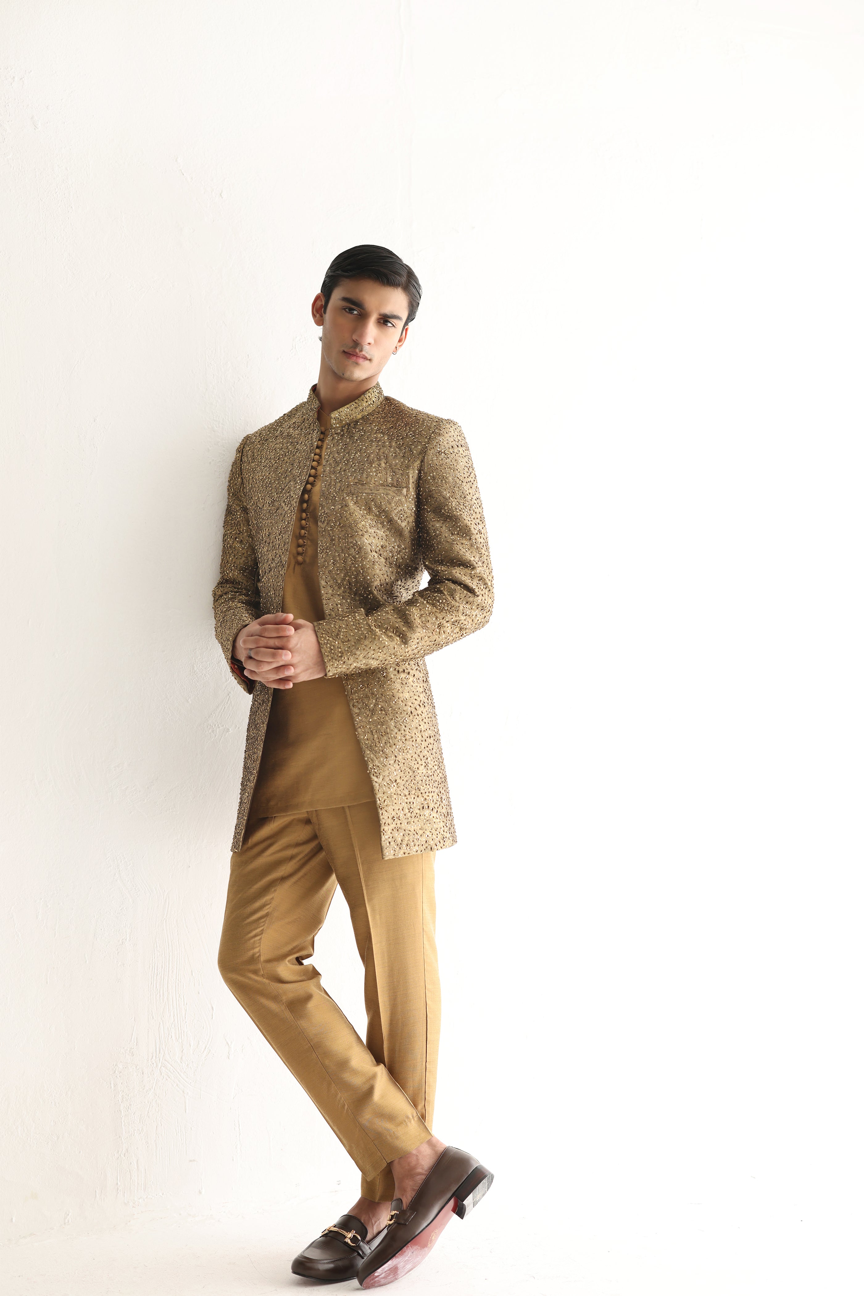 GOLDEN SELF EMBOSSED SHERWANI Humayunalamgir