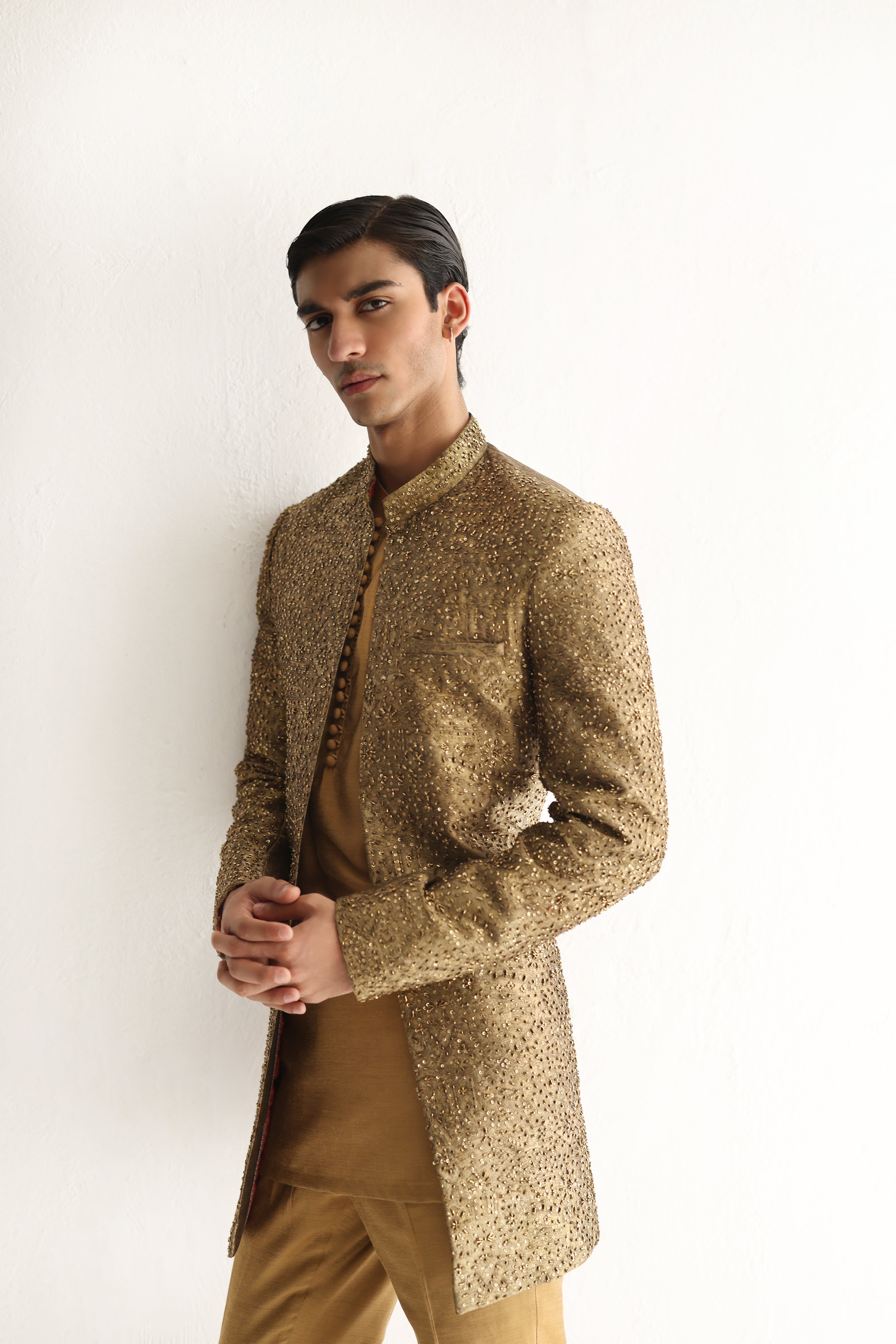 GOLDEN SELF EMBOSSED SHERWANI Humayunalamgir