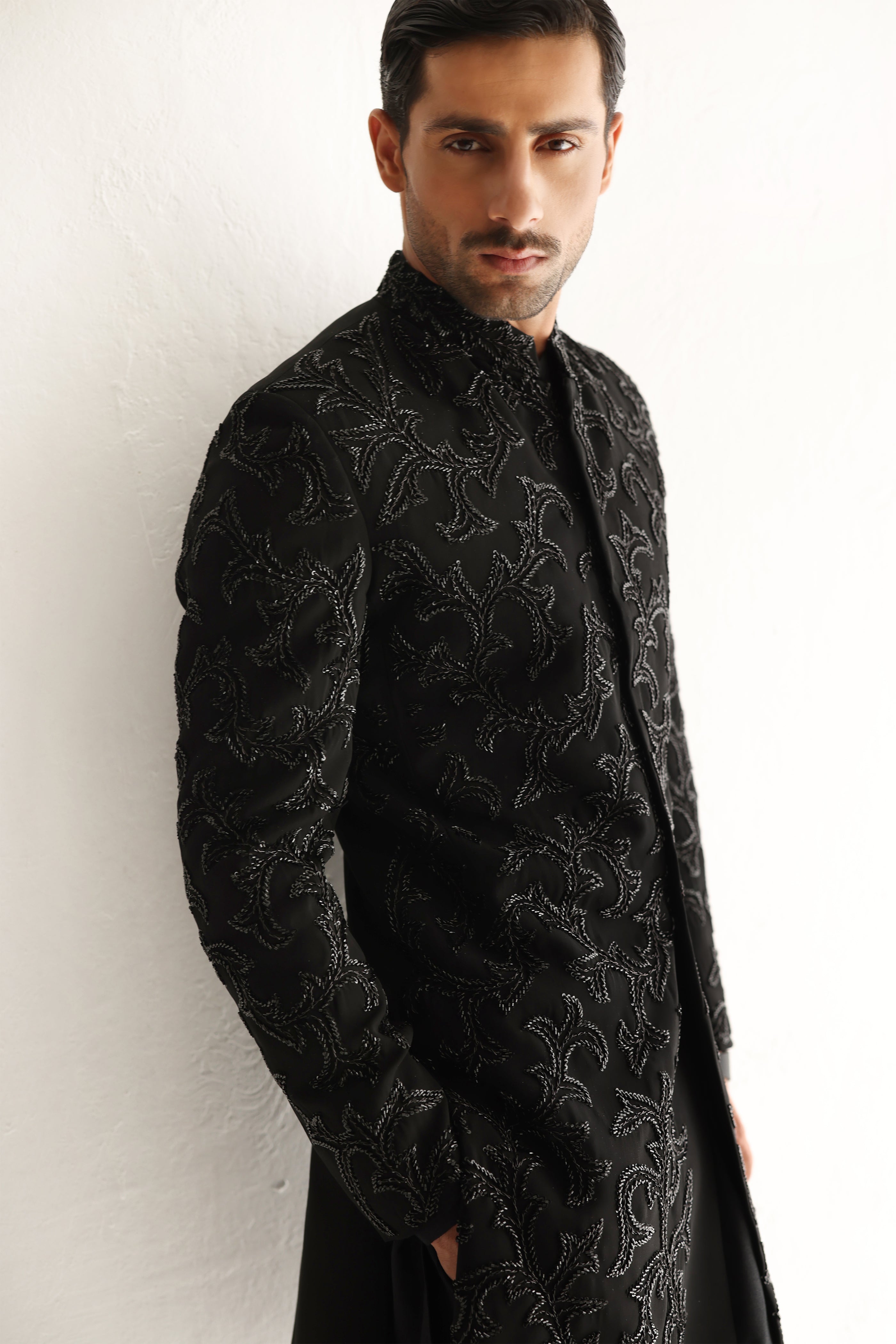 Black Armani embellish hand work cutdana sherwani Humayunalamgir