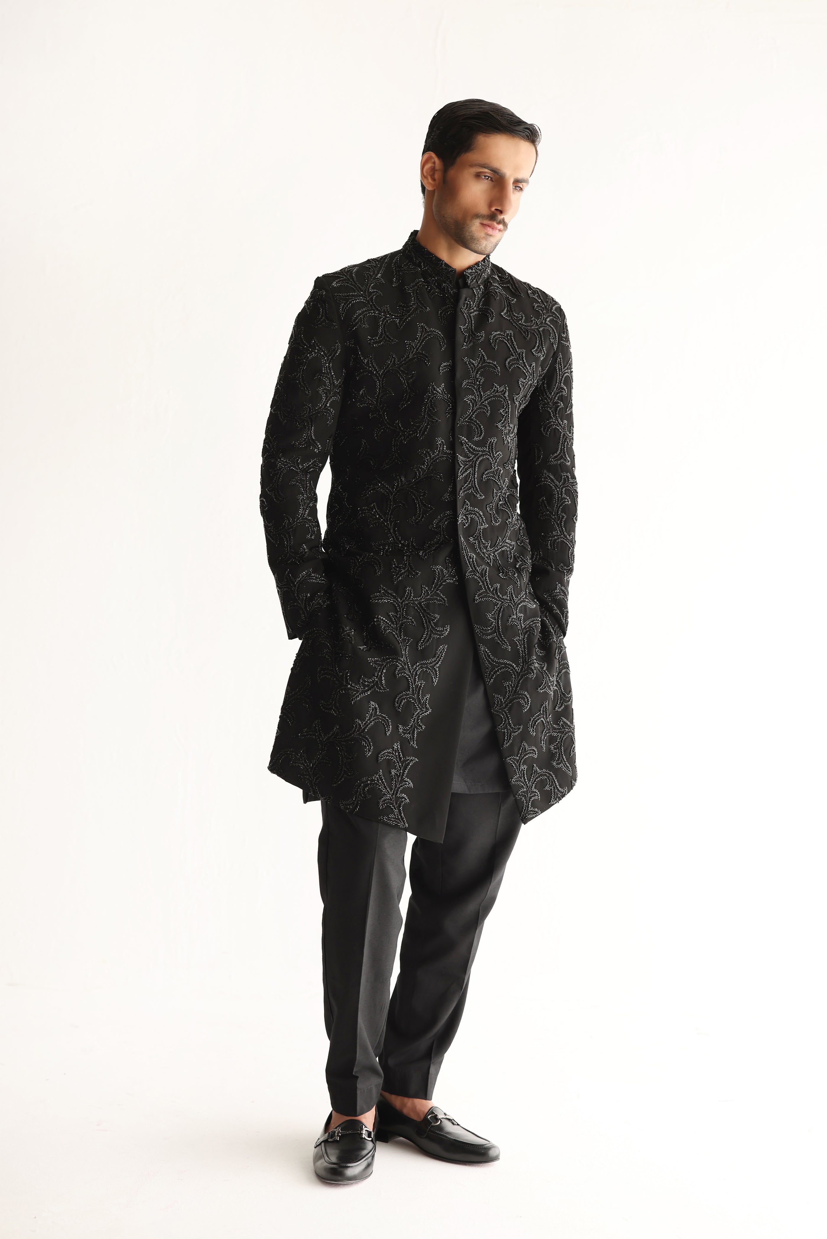 Black Armani embellish hand work cutdana sherwani Humayunalamgir