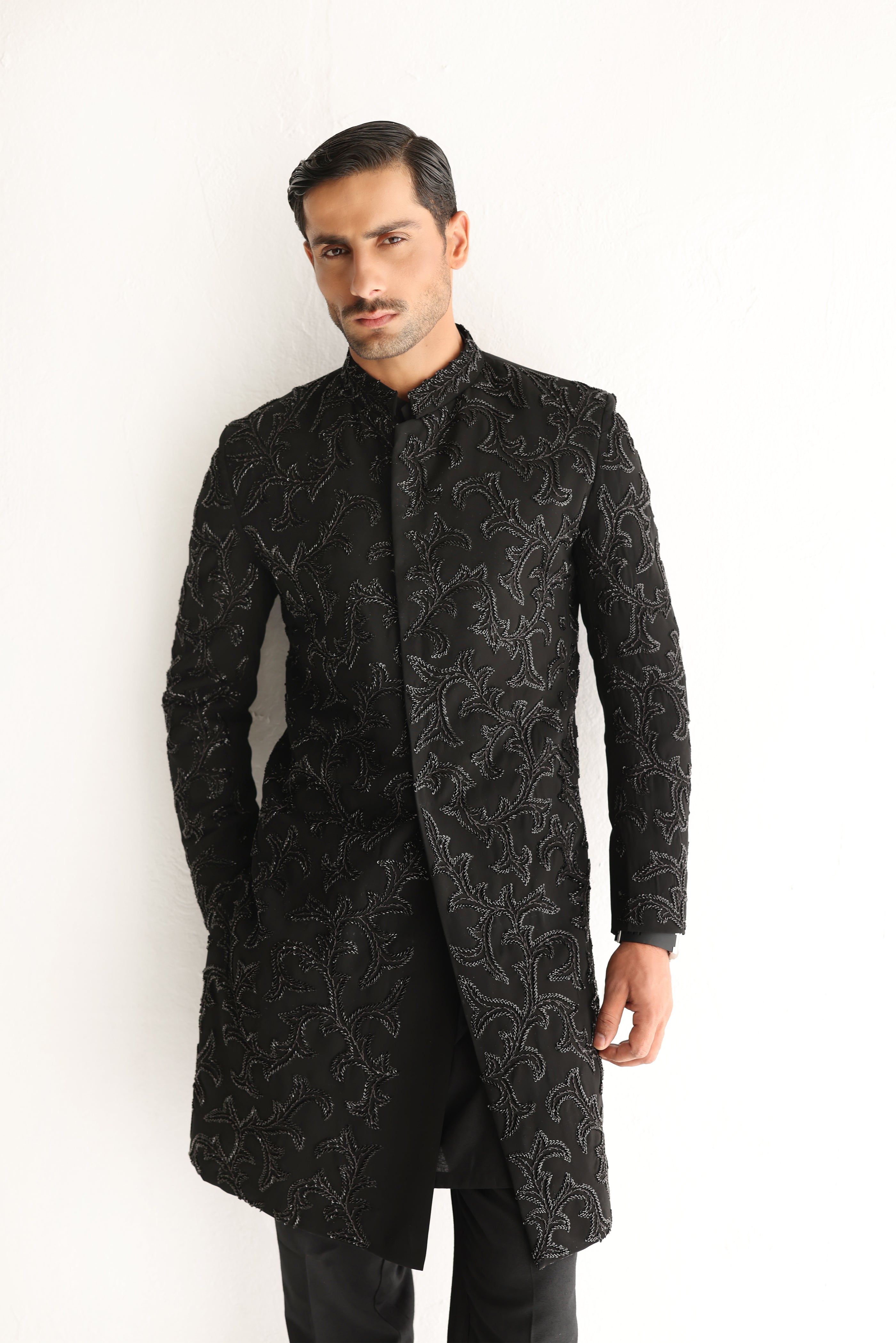 Black Armani embellish hand work cutdana sherwani Humayunalamgir