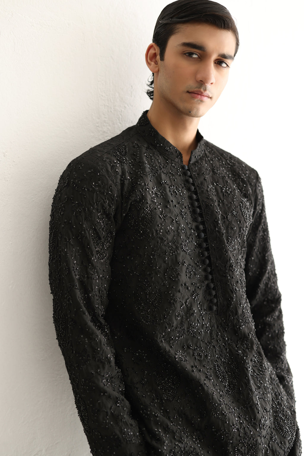 BLACK EMBOSSED, EMBROIDERED KURTA PAJAMA Humayunalamgir