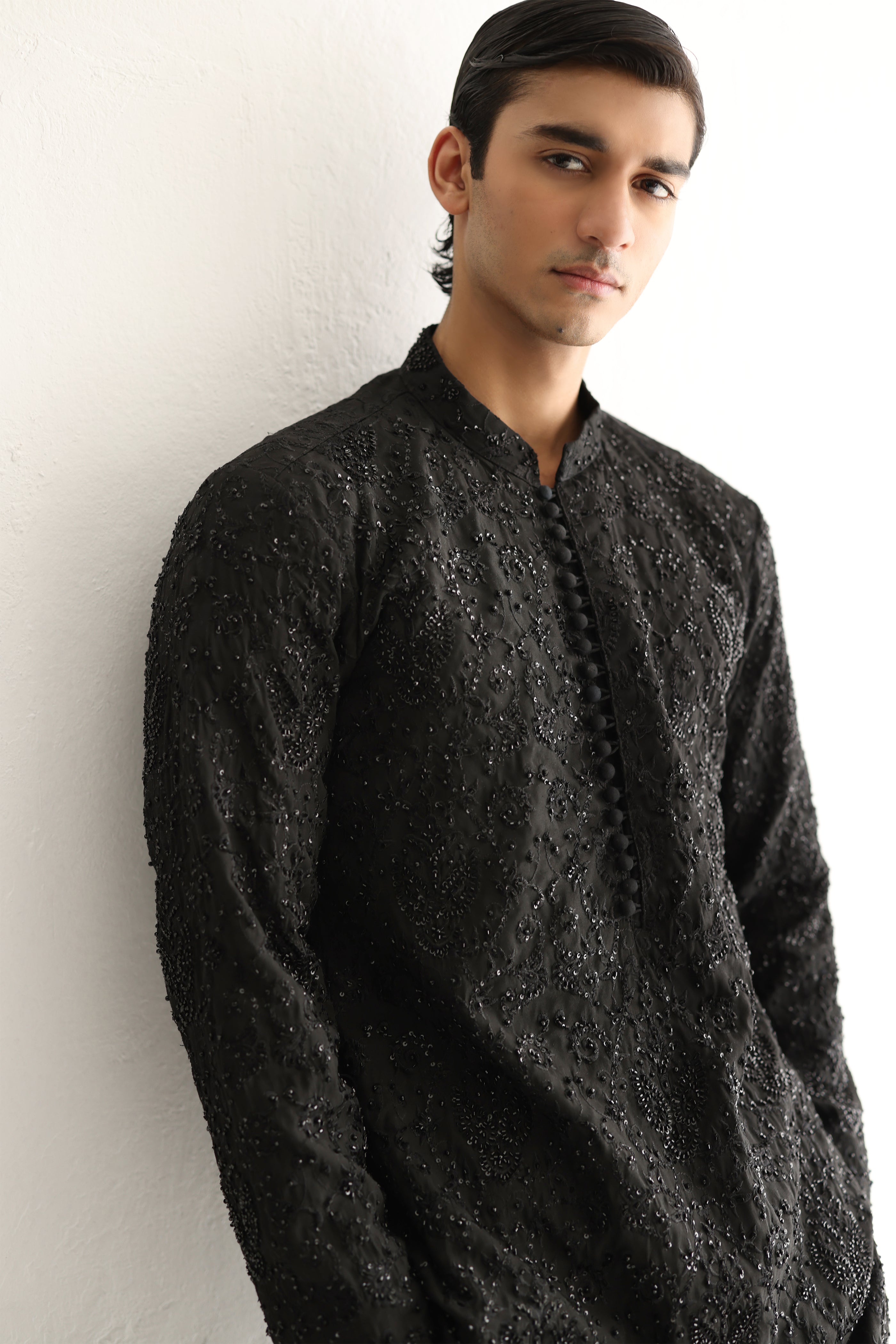 BLACK EMBOSSED, EMBROIDERED KURTA PAJAMA Humayunalamgir