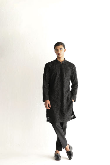 BLACK EMBOSSED, EMBROIDERED KURTA PAJAMA