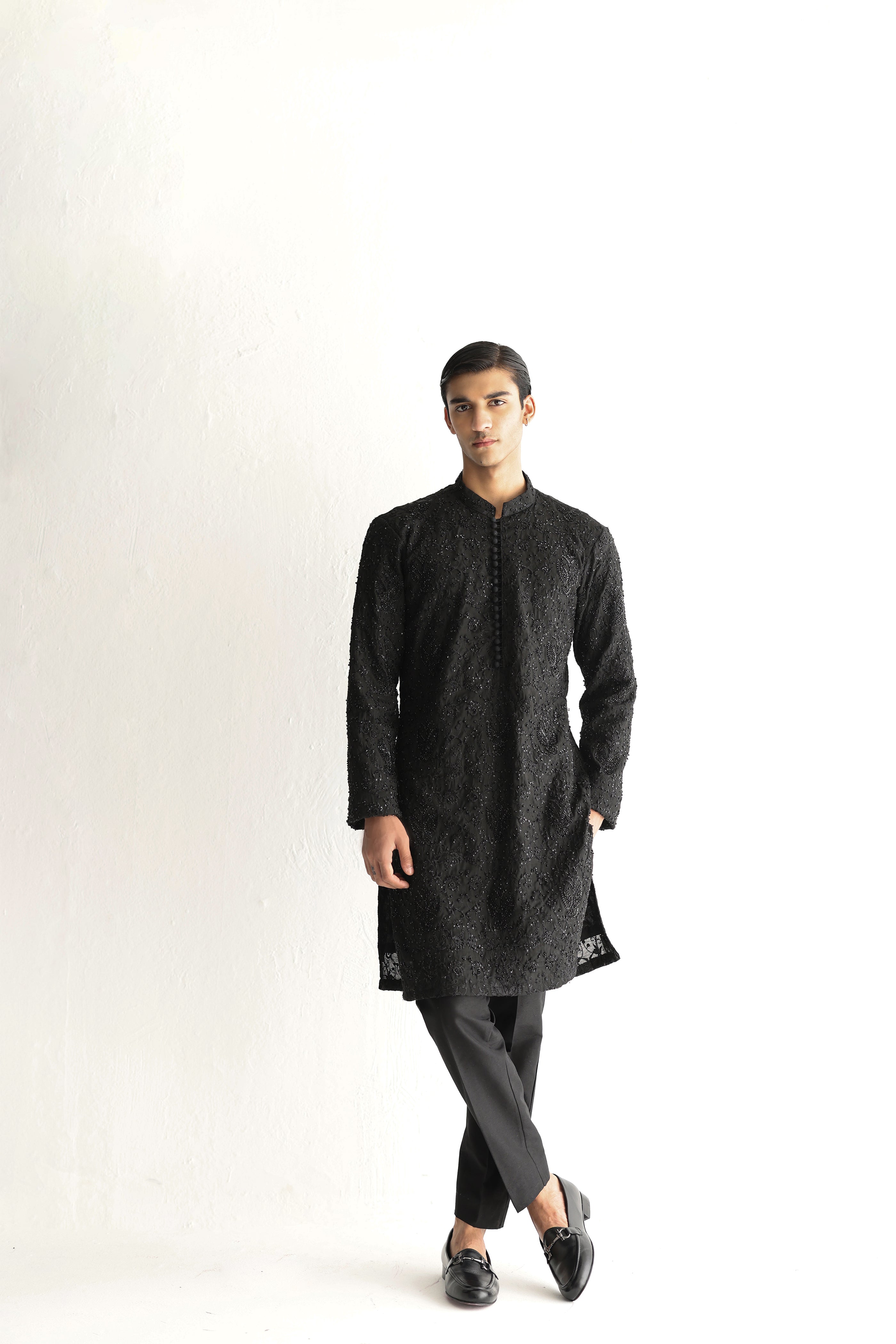 BLACK EMBOSSED, EMBROIDERED KURTA PAJAMA Humayunalamgir