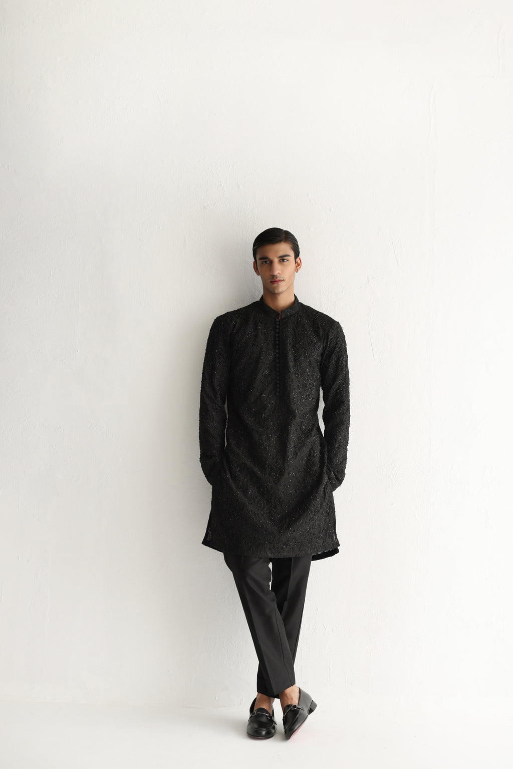 BLACK EMBOSSED, EMBROIDERED KURTA PAJAMA Humayunalamgir