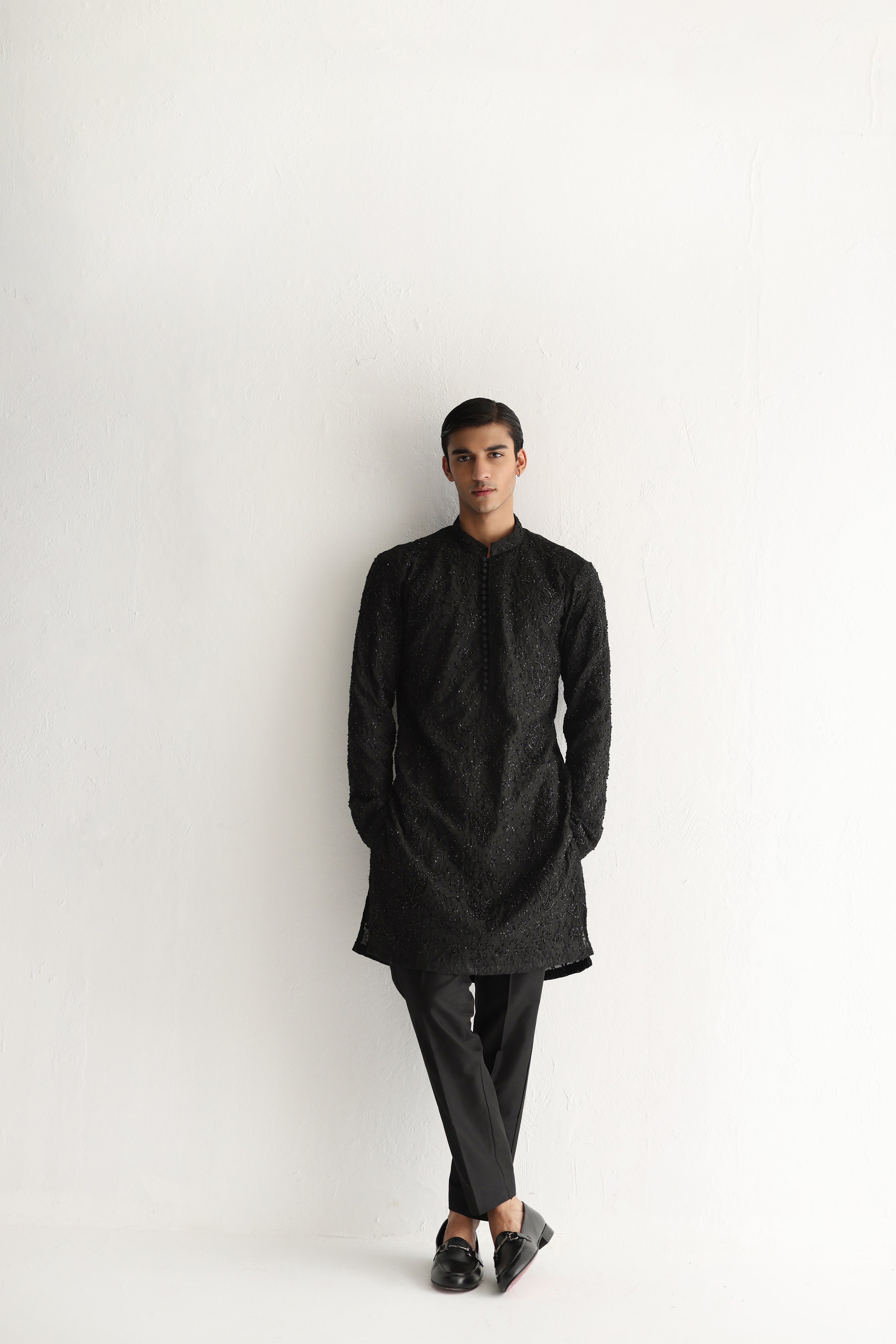 BLACK EMBOSSED, EMBROIDERED KURTA PAJAMA Humayunalamgir