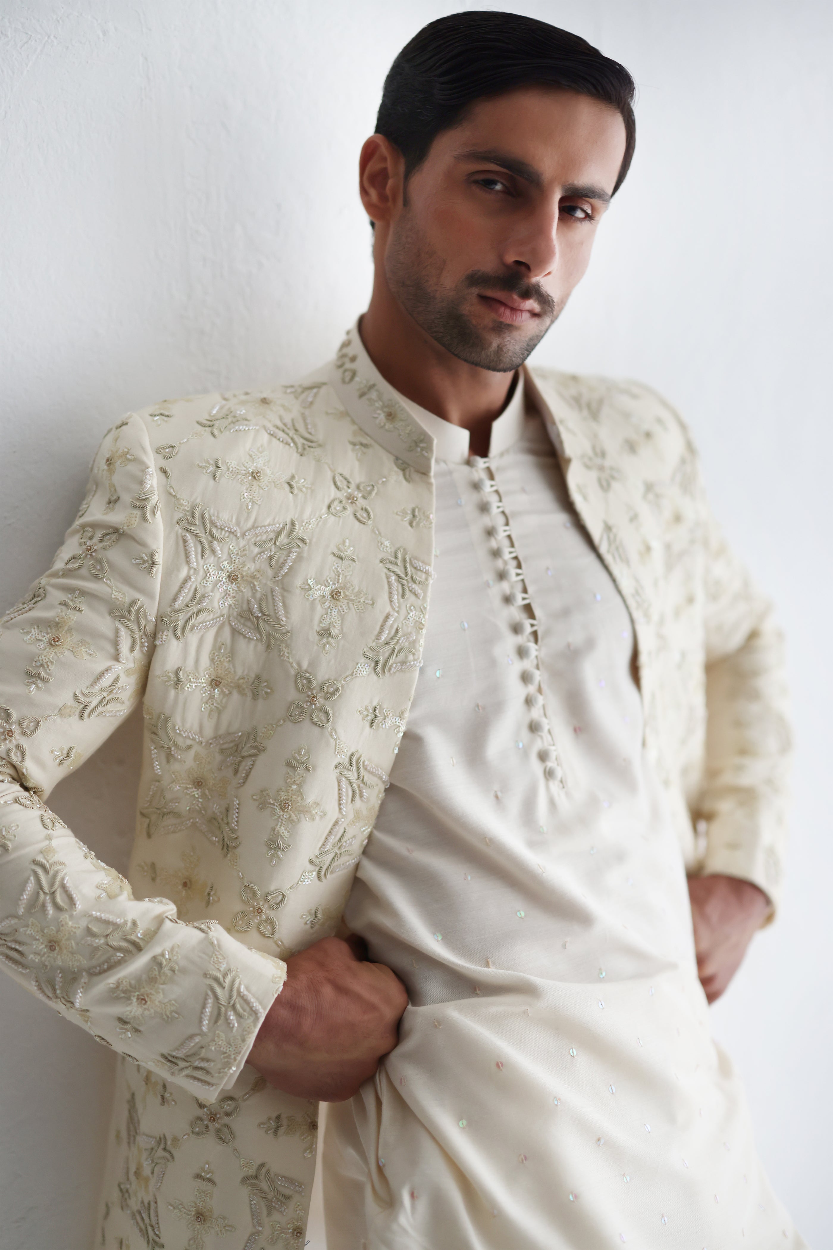 LIGHT CREAM RAW SILK SHORT LENGTH SHERWANI Humayunalamgir
