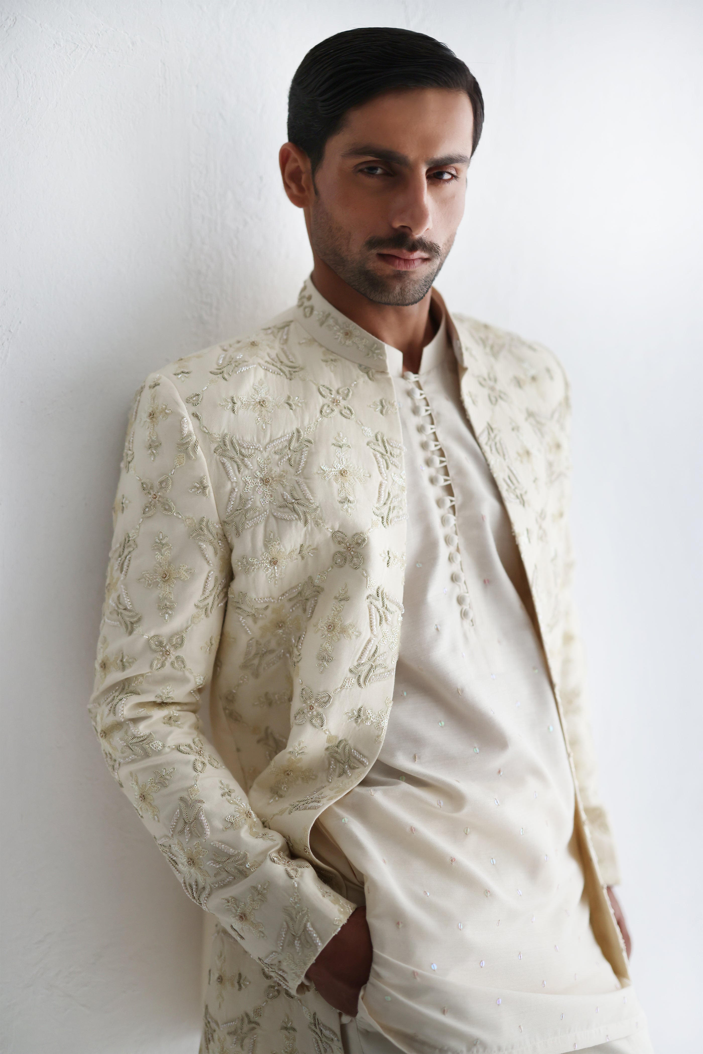 LIGHT CREAM RAW SILK SHORT LENGTH SHERWANI Humayunalamgir