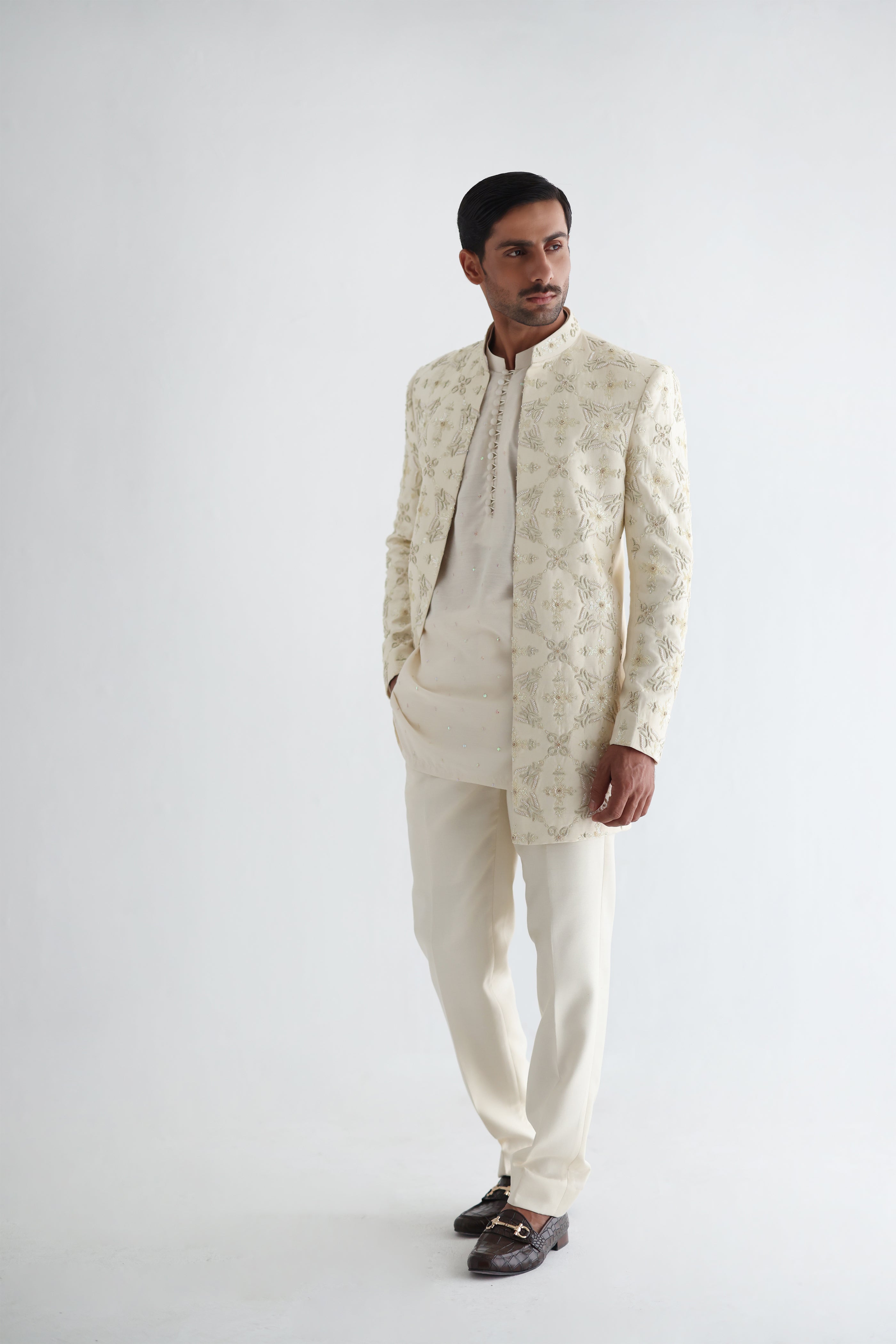 LIGHT CREAM RAW SILK SHORT LENGTH SHERWANI Humayunalamgir
