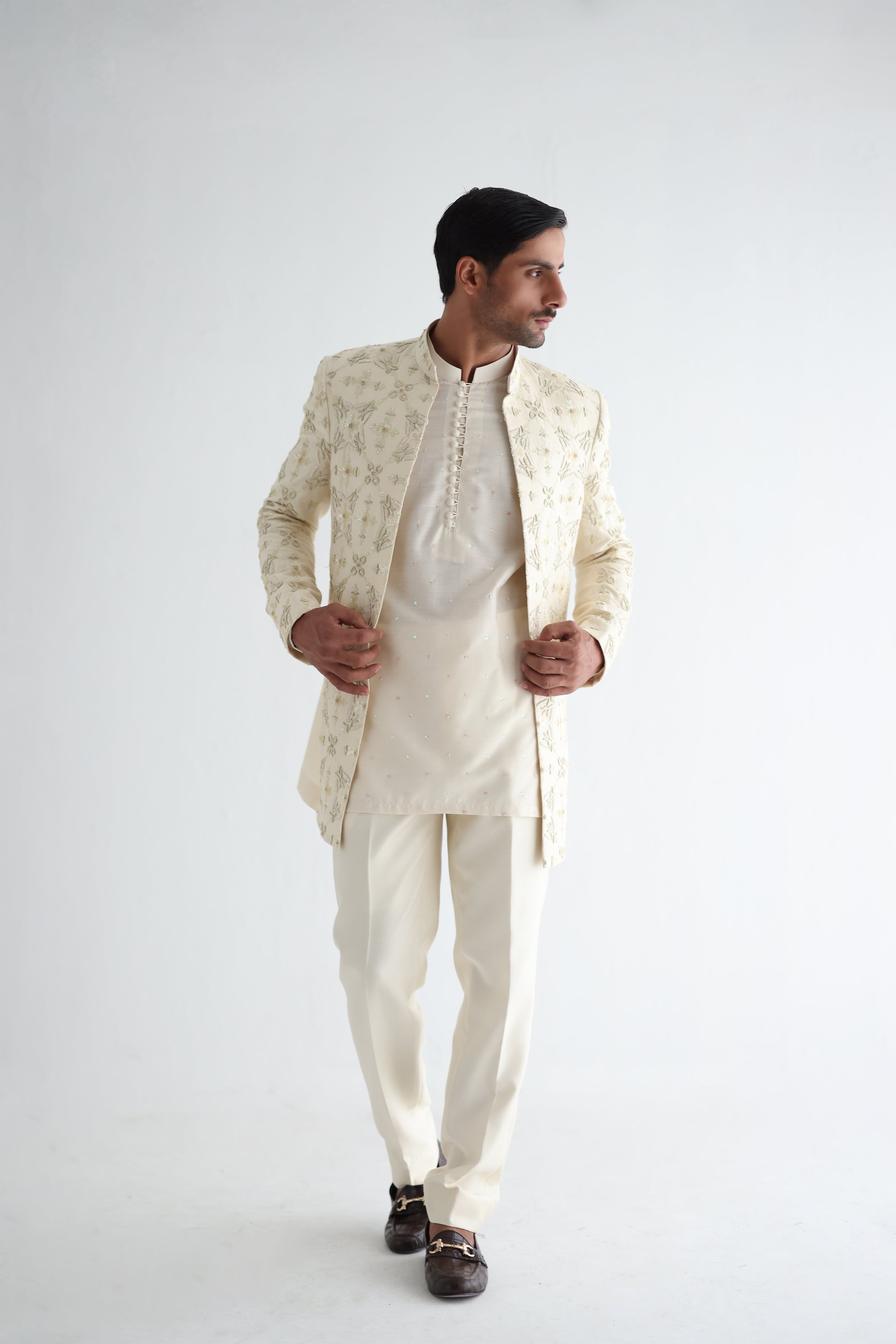 LIGHT CREAM RAW SILK SHORT LENGTH SHERWANI Humayunalamgir