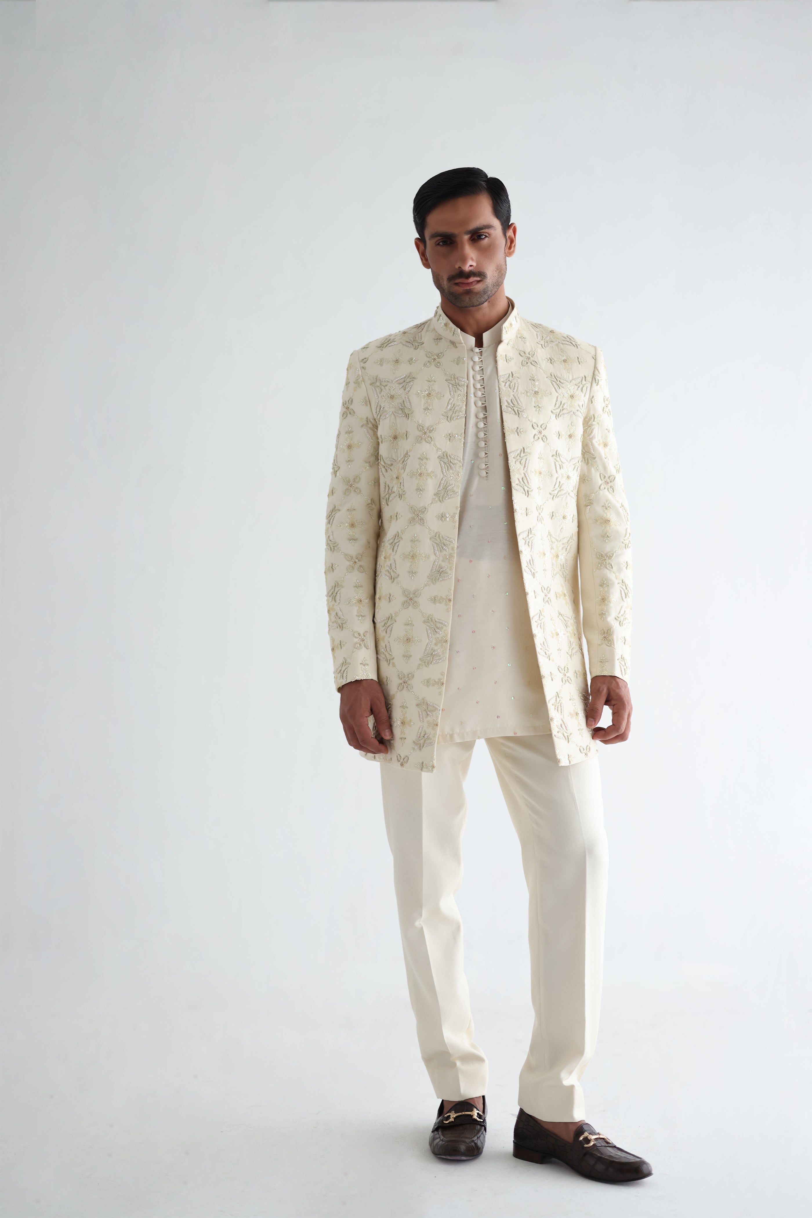 LIGHT CREAM RAW SILK SHORT LENGTH SHERWANI Humayunalamgir