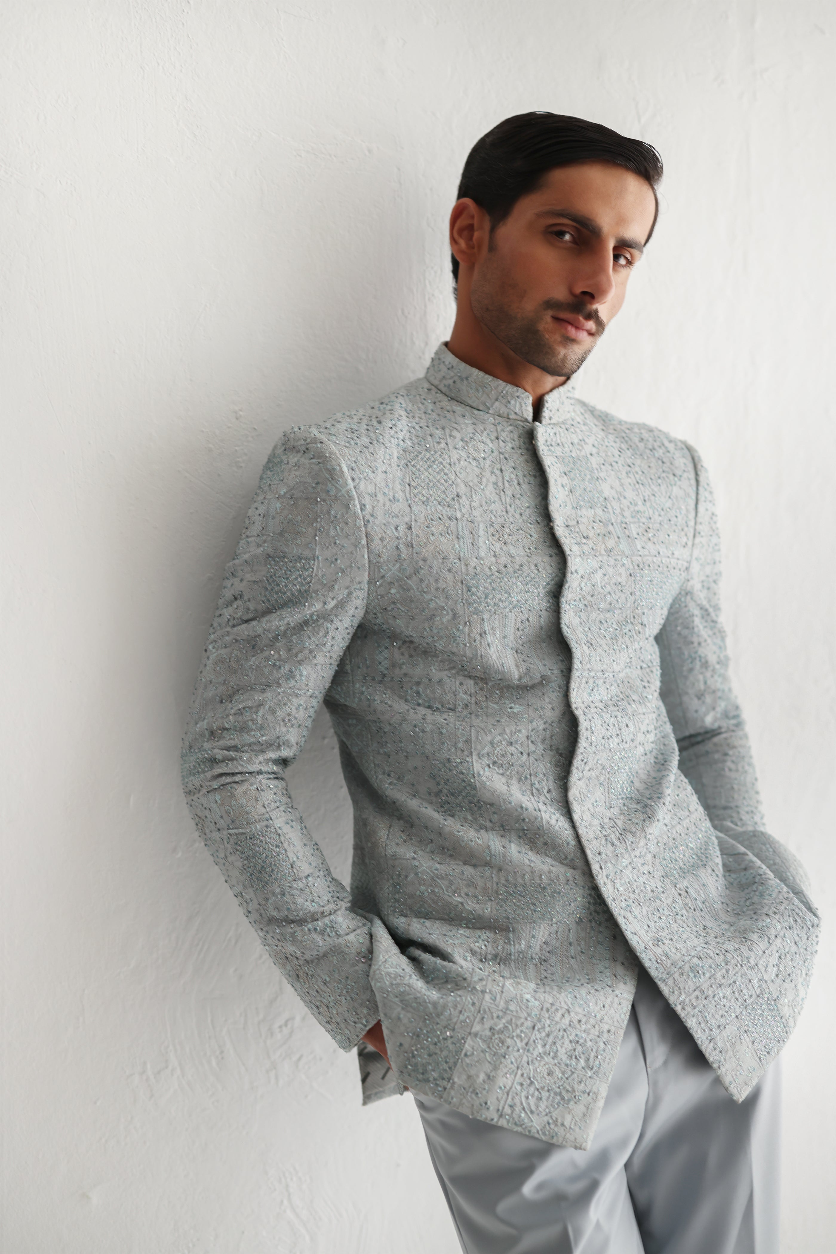 GREY SELF EMBOSSED PRINCE SUIT Humayunalamgir