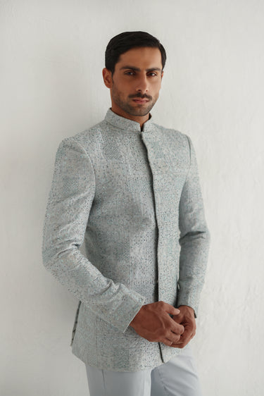 GREY SELF EMBOSSED PRINCE SUIT Humayunalamgir