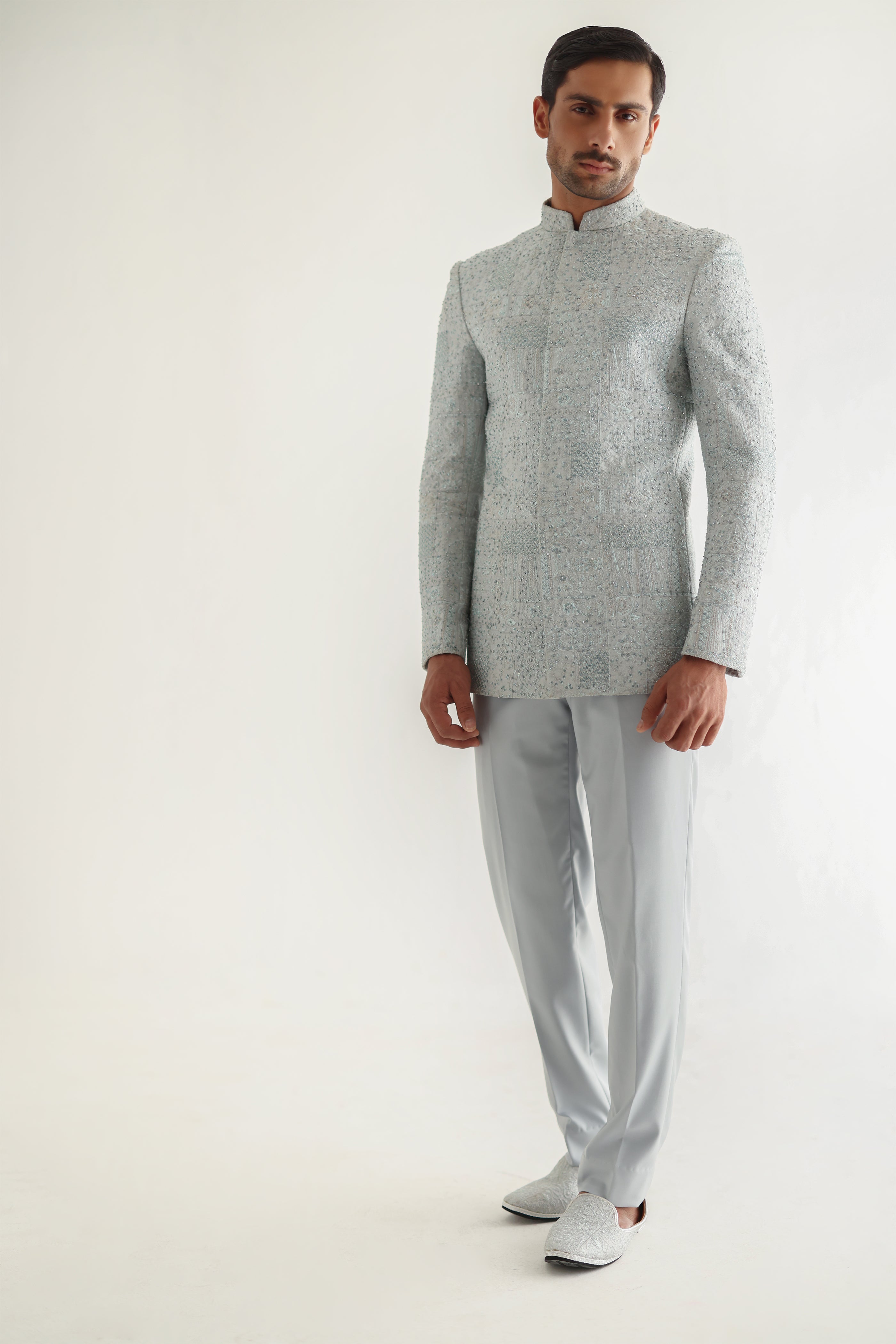 GREY SELF EMBOSSED PRINCE SUIT Humayunalamgir