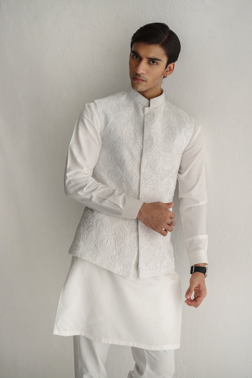 WHITE EMBOSSED WAIST COAT Humayunalamgir