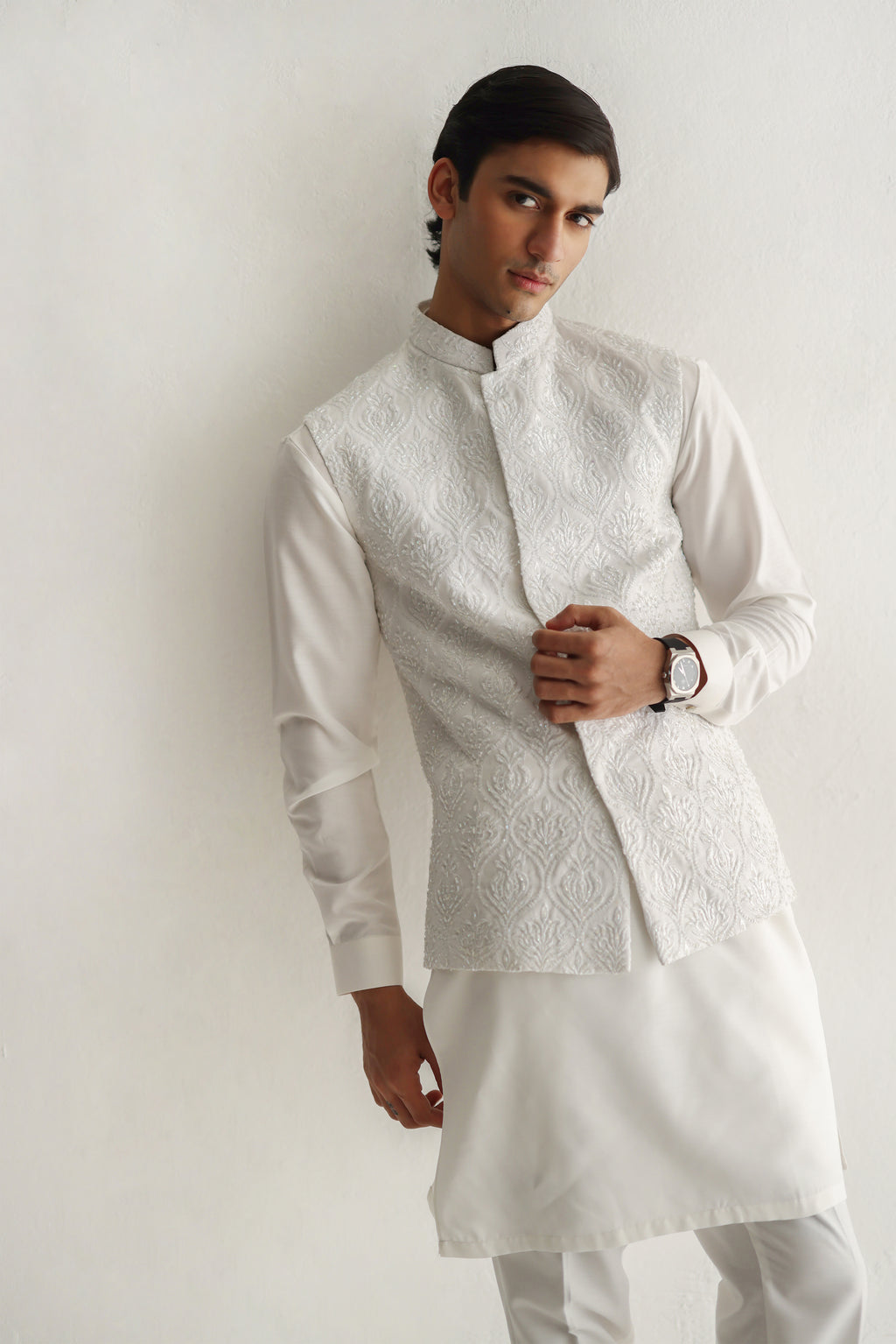 WHITE EMBOSSED WAIST COAT Humayunalamgir
