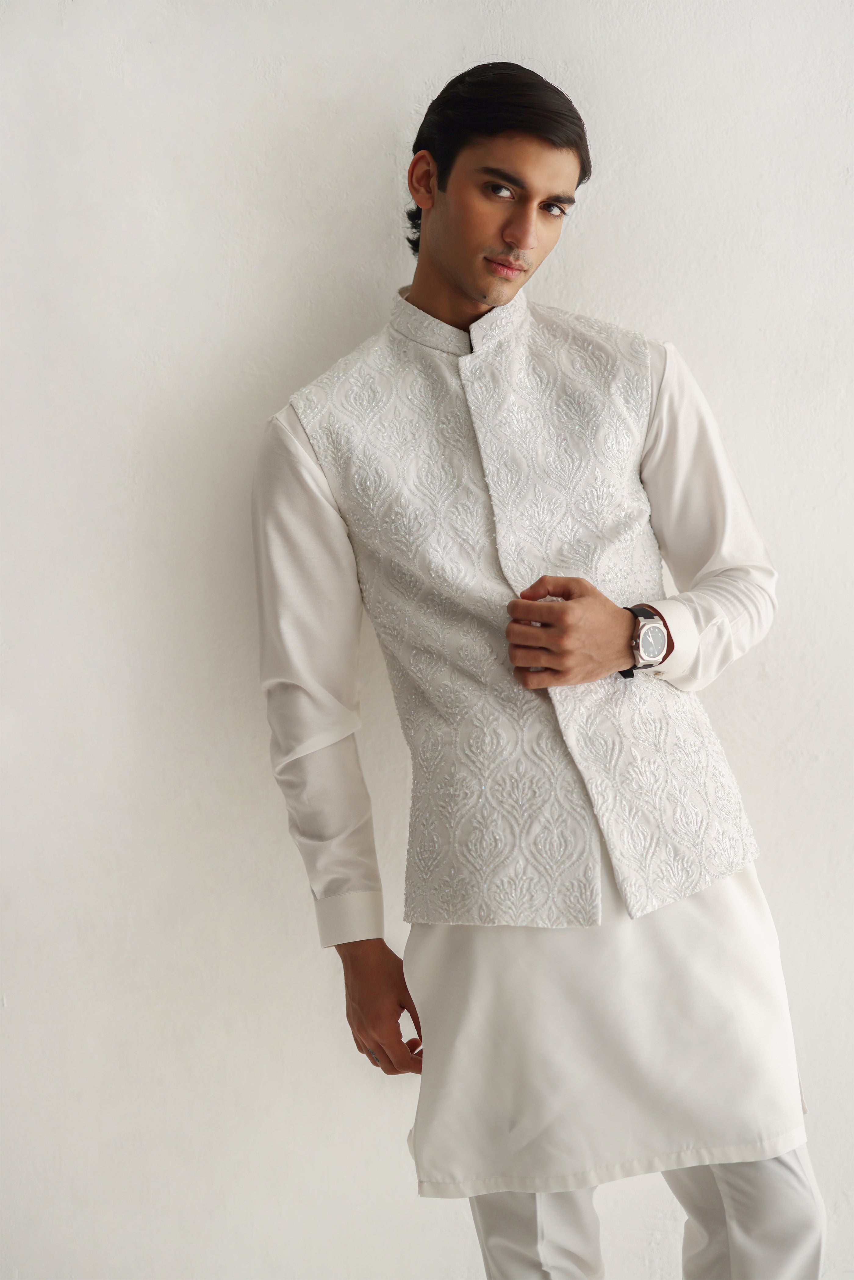 WHITE EMBOSSED WAIST COAT Humayunalamgir