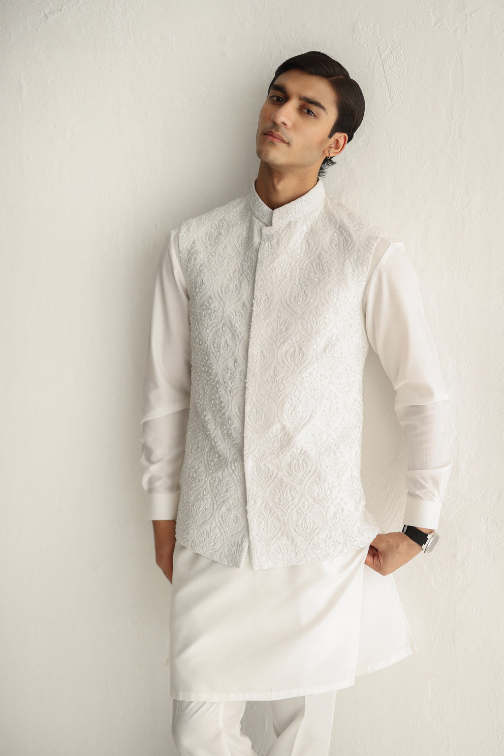 WHITE EMBOSSED WAIST COAT Humayunalamgir