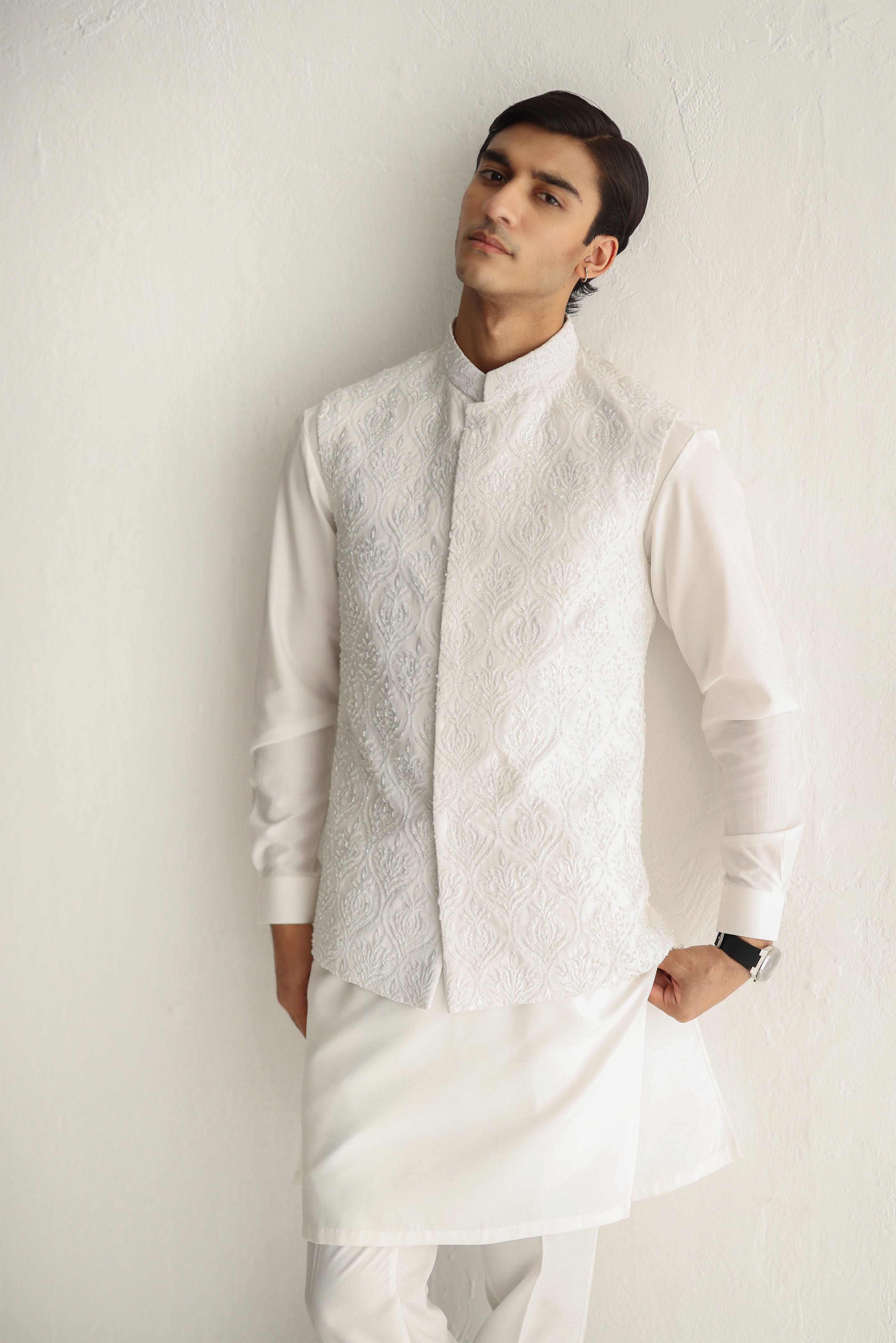 WHITE EMBOSSED WAIST COAT Humayunalamgir