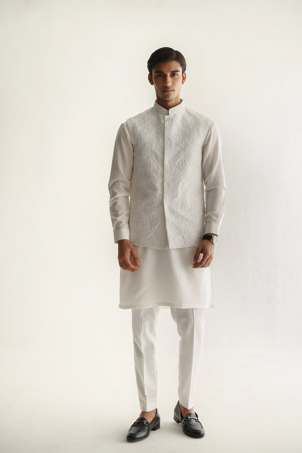 WHITE EMBOSSED WAIST COAT Humayunalamgir